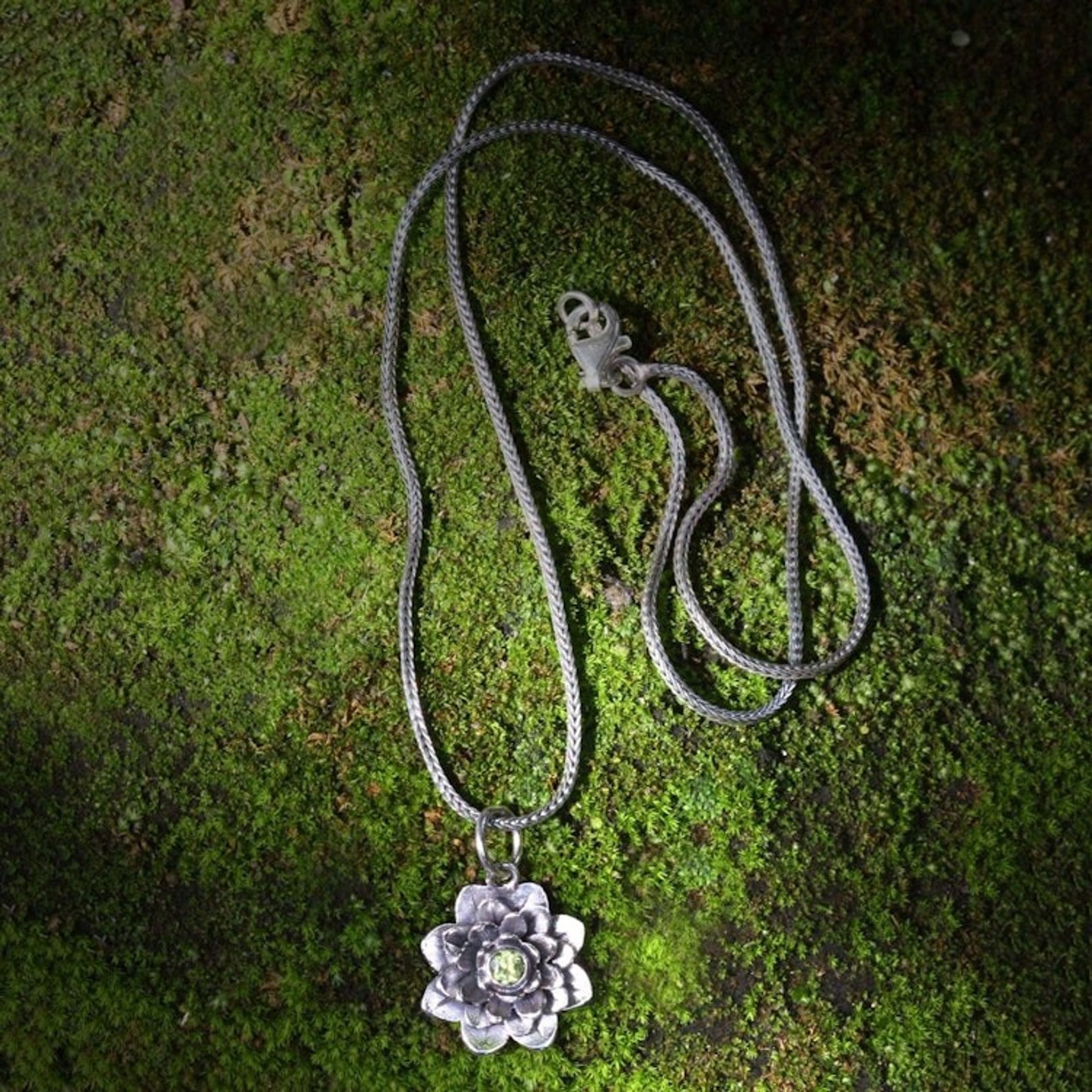 Floral Sterling Silver and Peridot Pendant Necklace 'Sacred Green Lotus'
