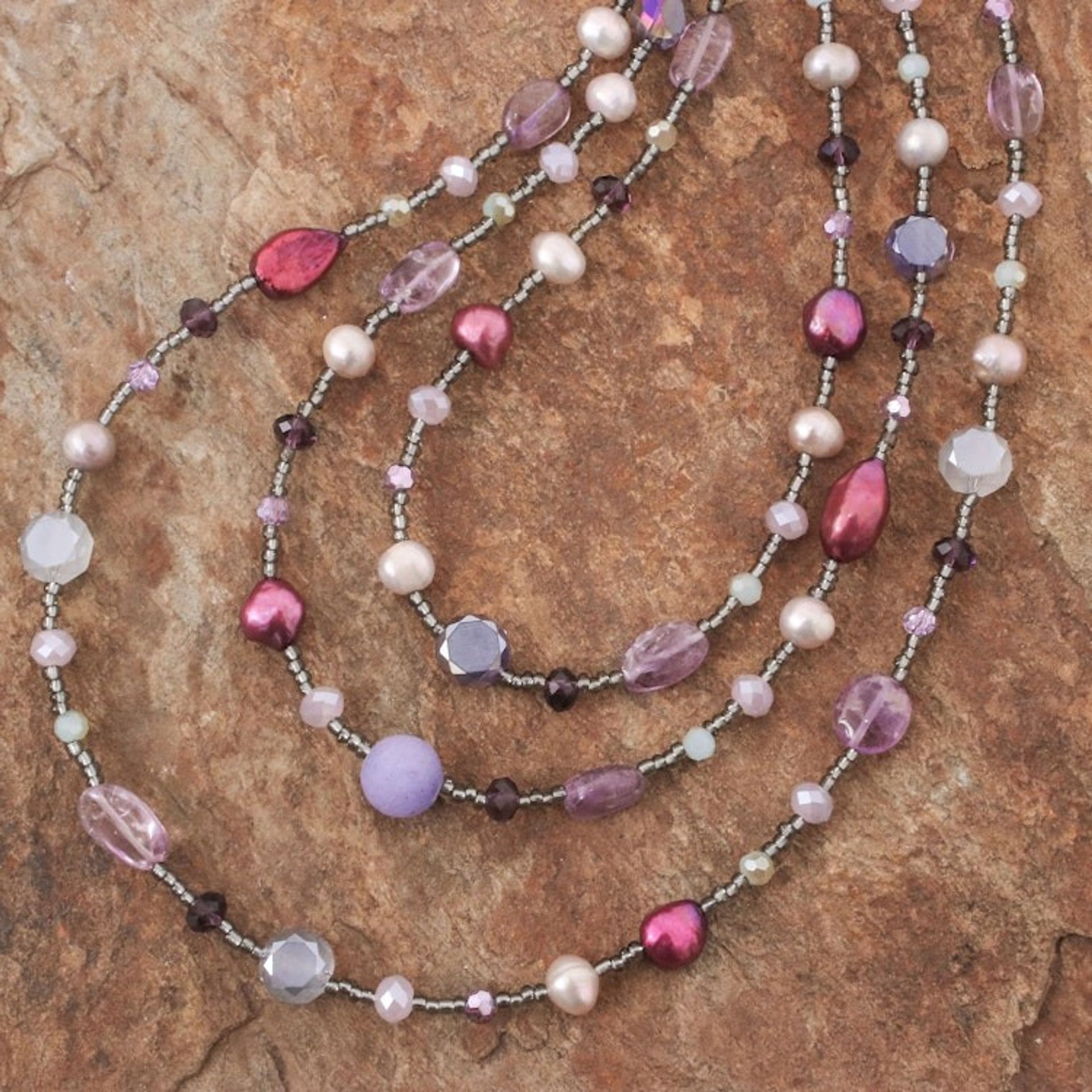 Purple Multi-Gemstone Beaded Strand Necklace from Thailand 'Fancy Purple'