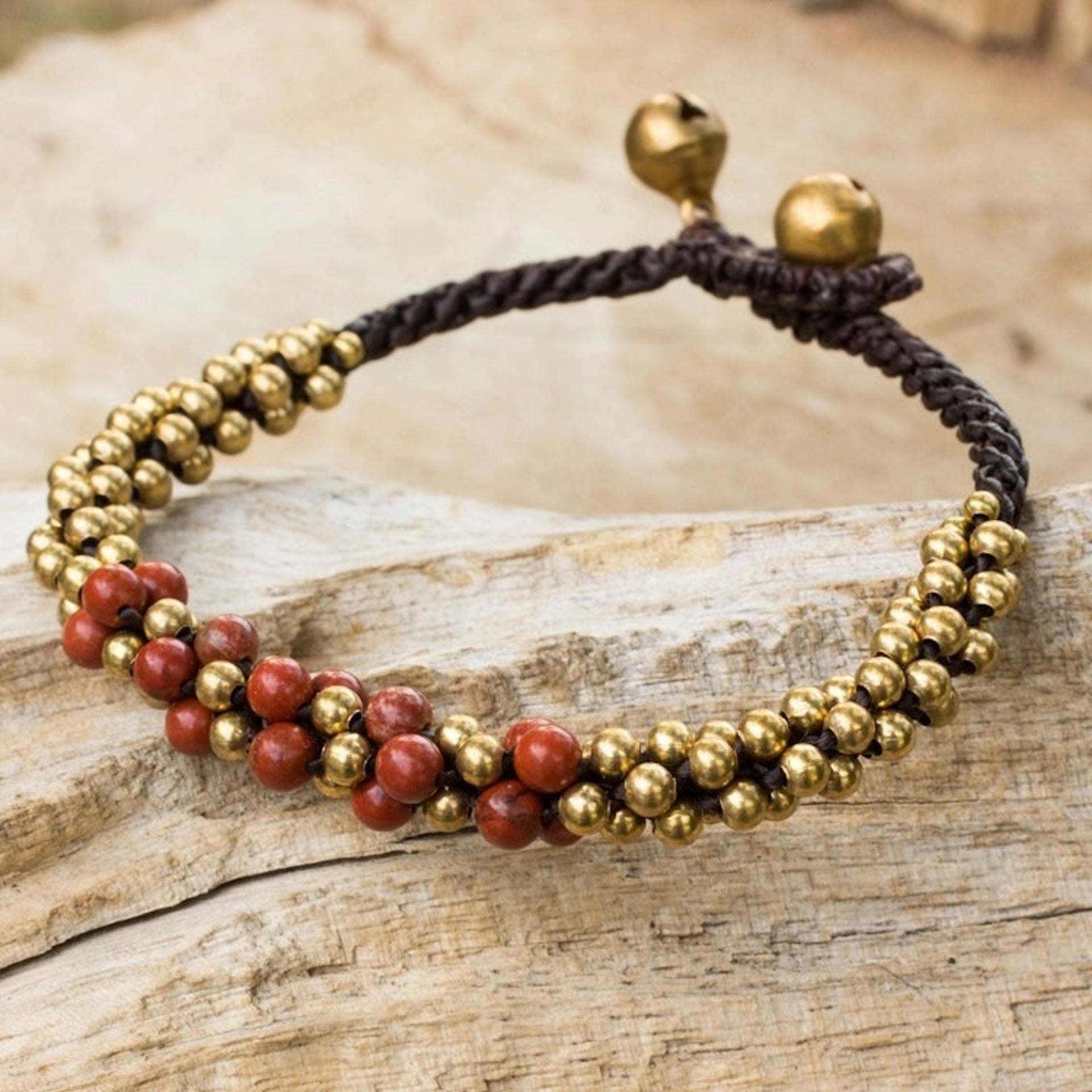 Red Jasper and Brass Beaded Bracelet from Thailand 'Red Helix'