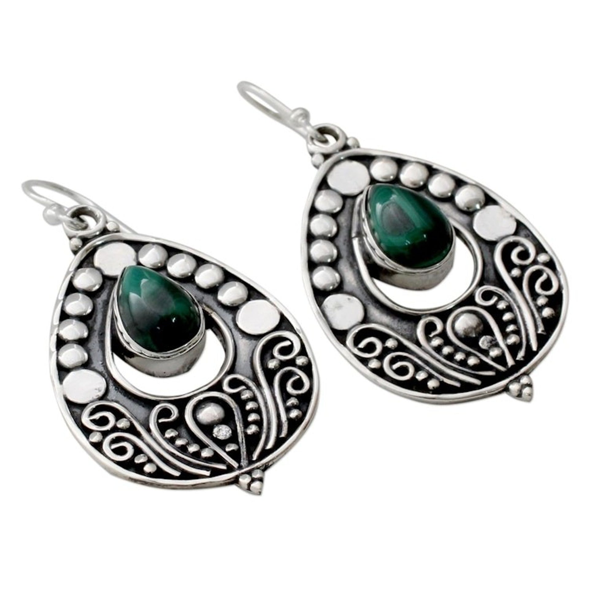 Ornate Sterling Silver Dangle Earrings with Malachite 'Jaipuri Princess'