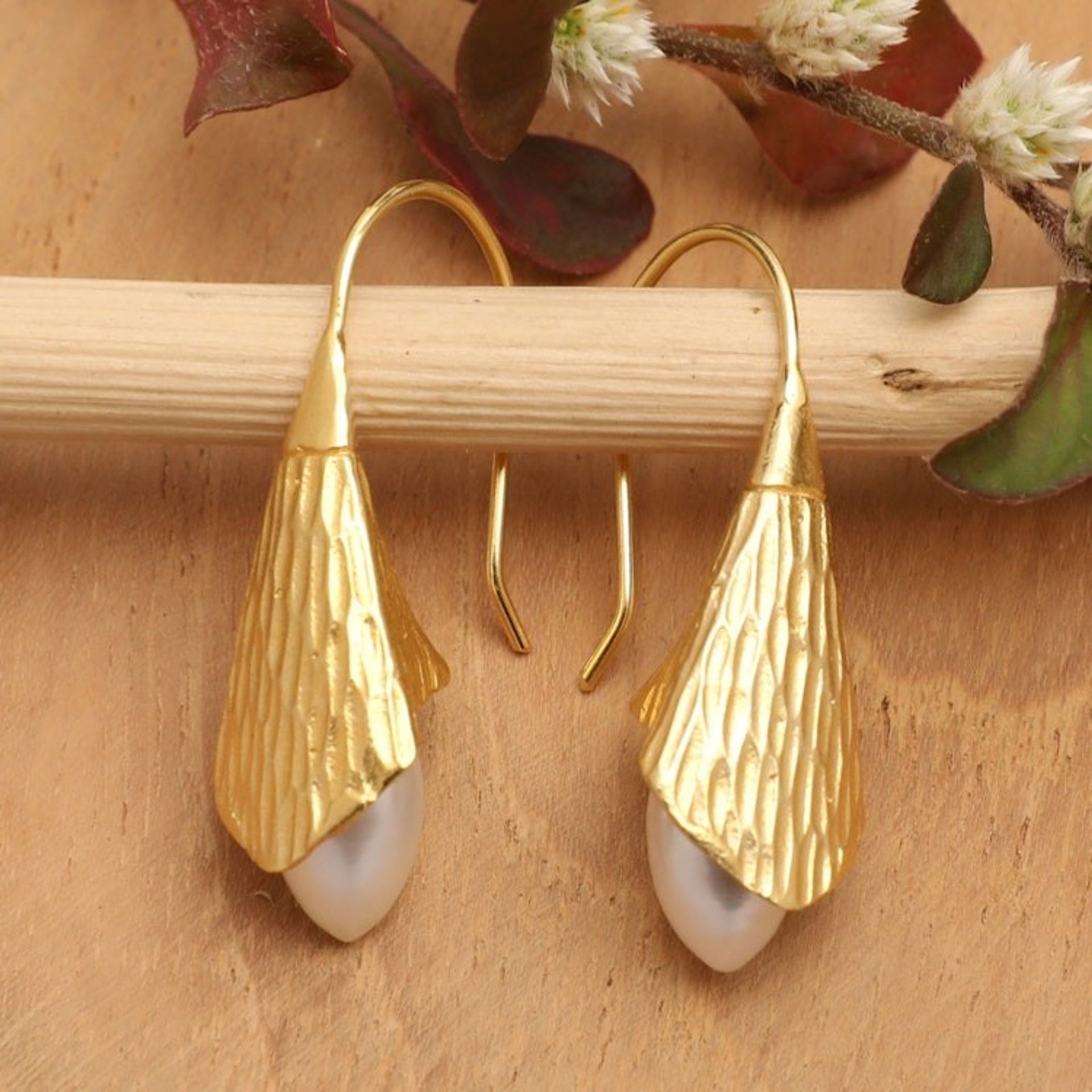 18k Gold-Plated Drop Earrings with White Cultured Pearls 'Lanterns of Life'