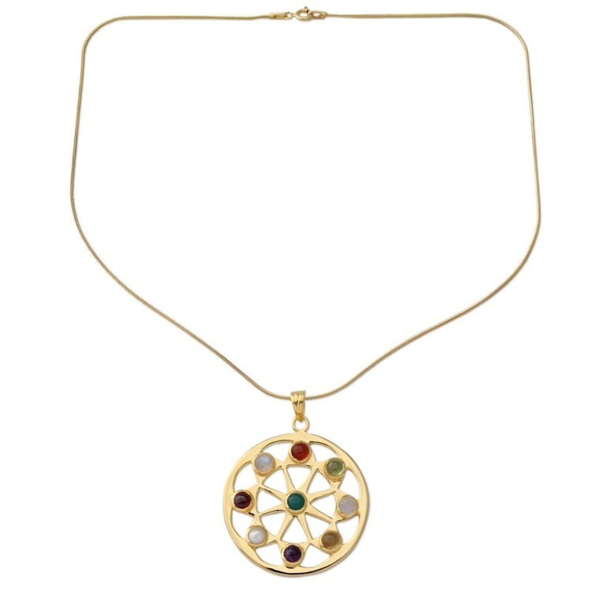 Pearl and Gemstones on Gold Vermeil Necklace 'Indian Sun'