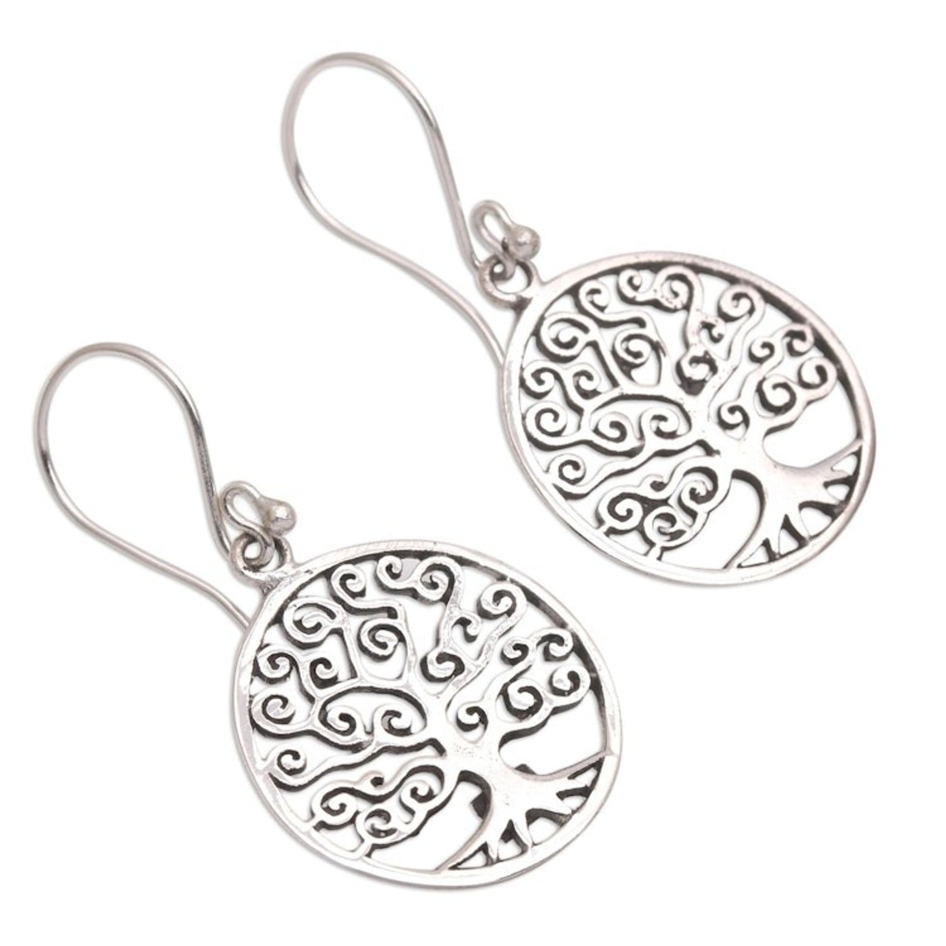 Round Sterling Silver Dreamy Growing Trees Dangle Earrings 'Tree of Dreams'