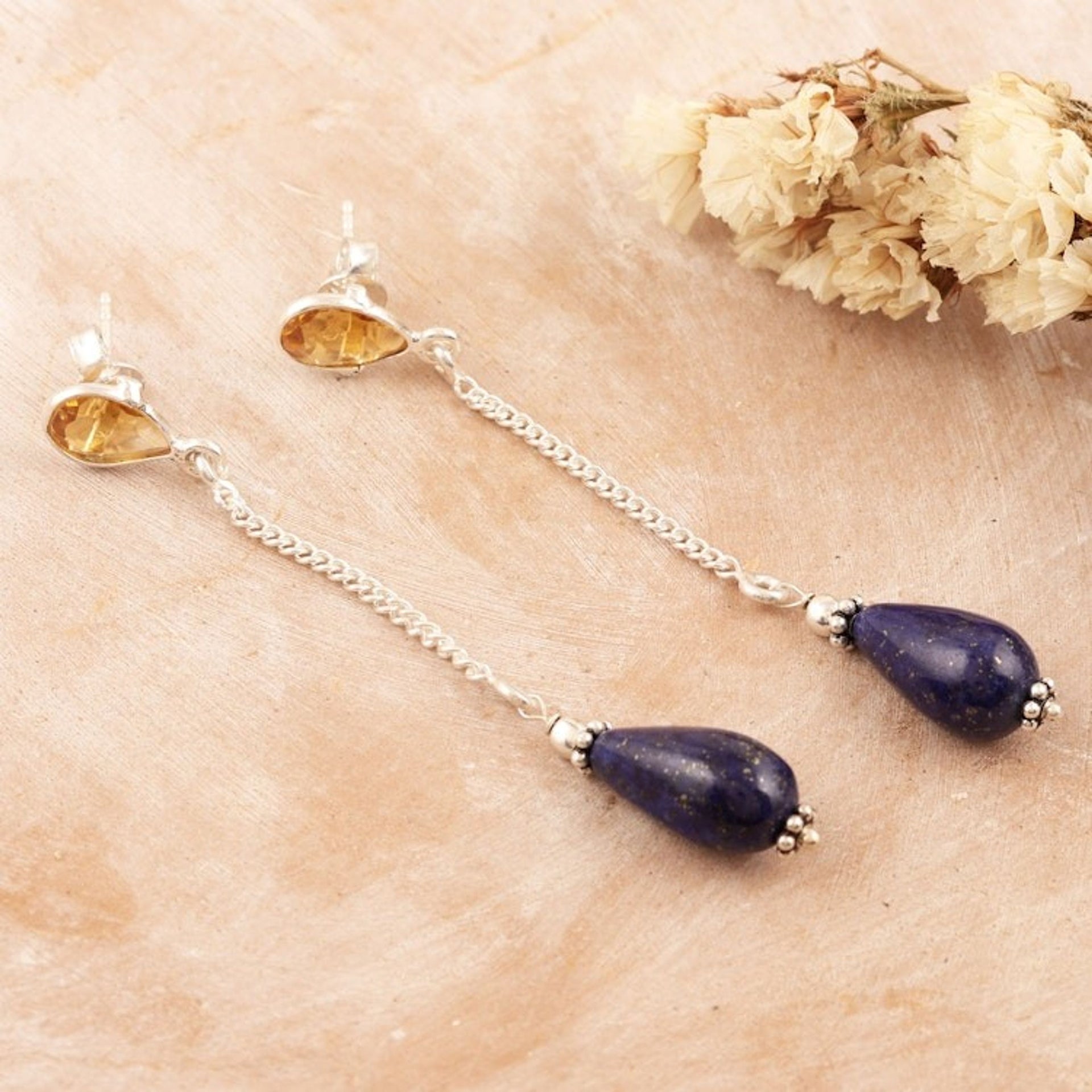 Polished Dangle Earrings with Citrine and Lapis Lazuli Gems 'Real Prosperity'