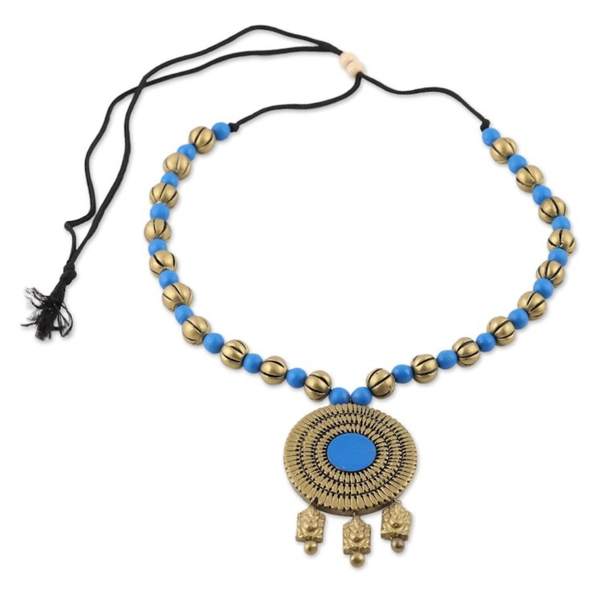 Hand-Painted Gold and Blue Lord Ganesha Medallion Necklace 'Golden Ganesha''