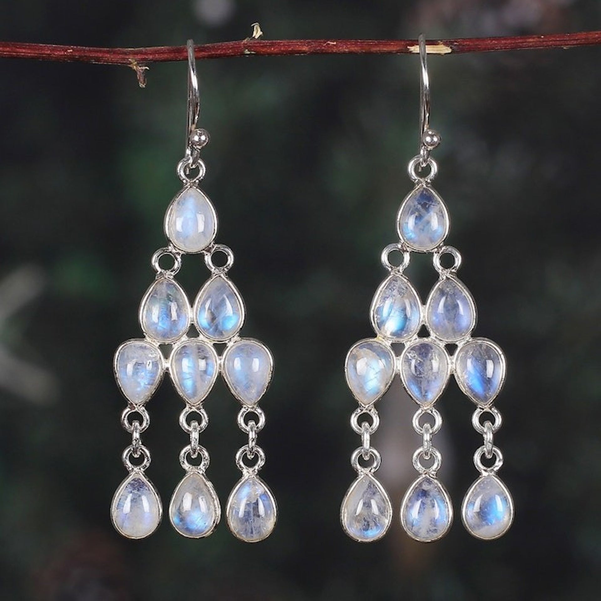 Rainbow Moonstone Silver Chandelier Earrings from India 'Iridescent Cascade'