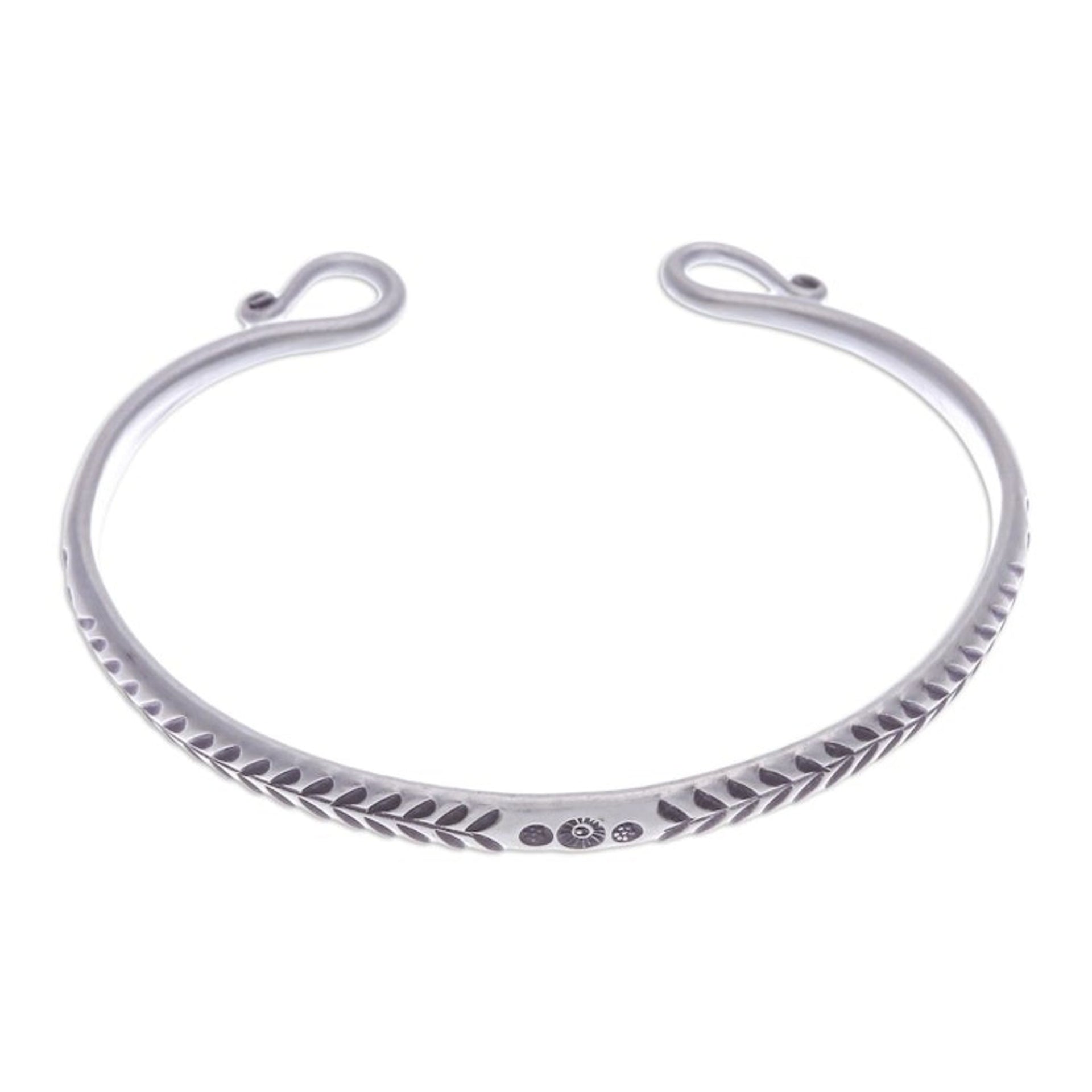 Polished Sterling Silver Cuff Bracelet with Hill Tribe Motif 'Sophisticated Serenity'
