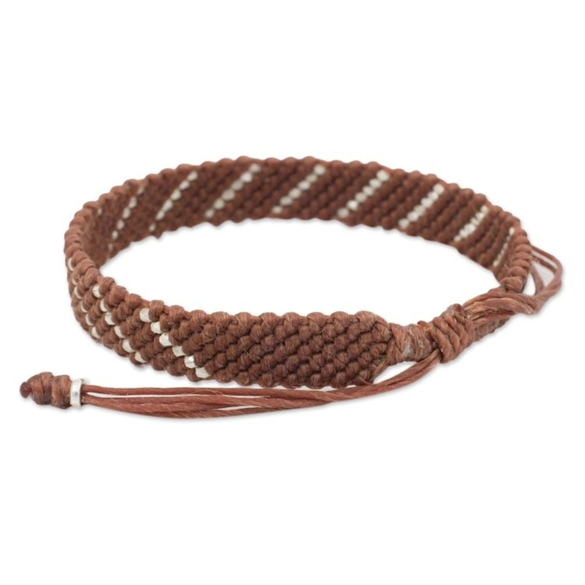 Hill Tribe Silver Modern Brown Macrame Bracelet 'Cinnamon Spin'