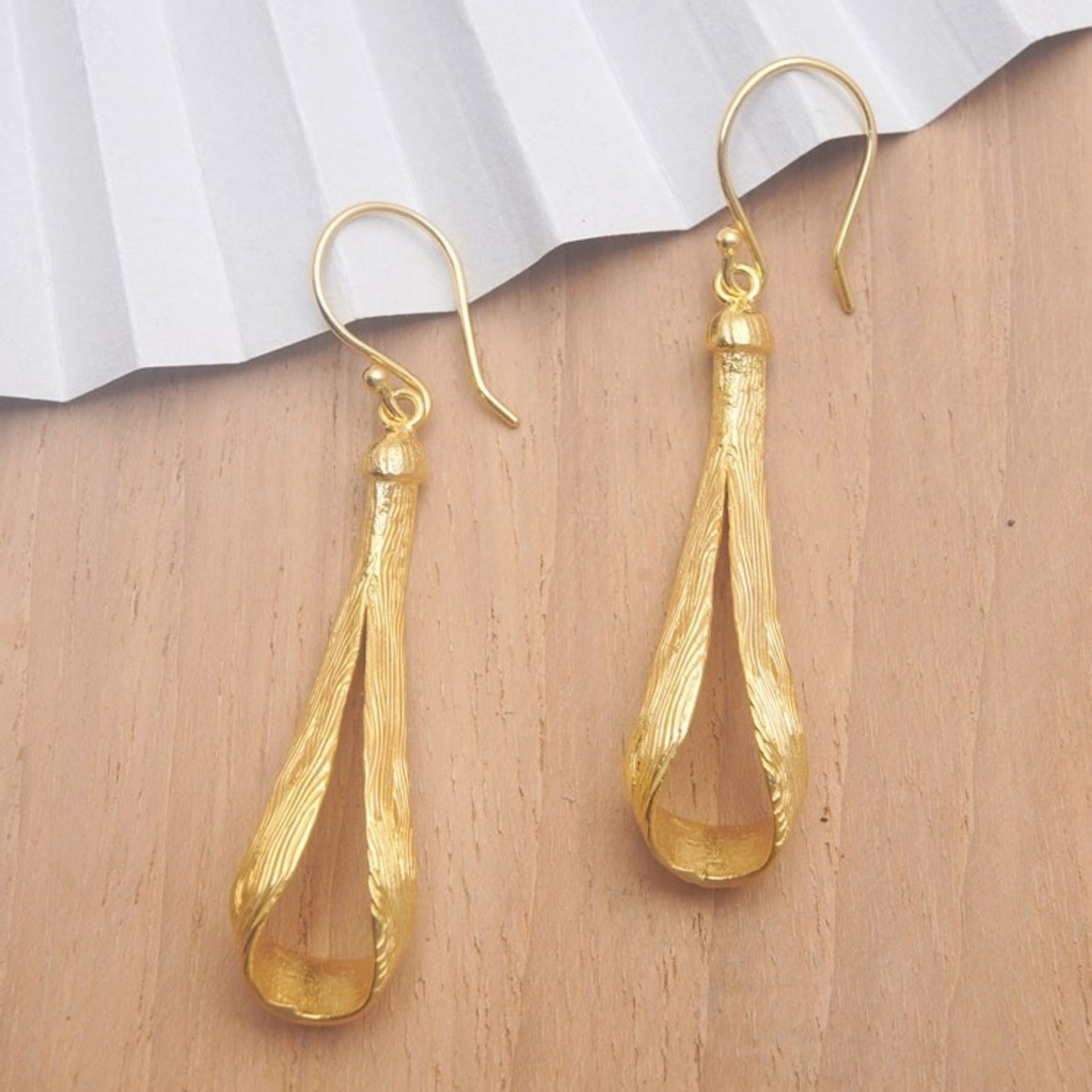 Modern 18k Gold-Plated Brass Dangle Earrings Crafted in Bali 'Ligneous Glamour'
