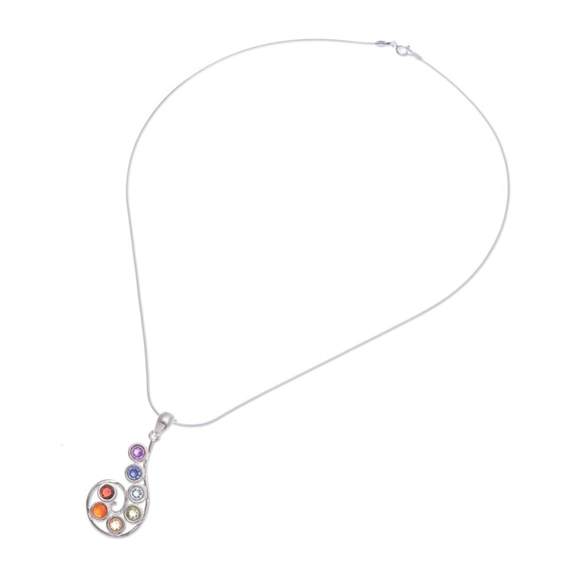 Chakra-Themed Spiral Multi-Gemstone Pendant Necklace 'Seven Centers'