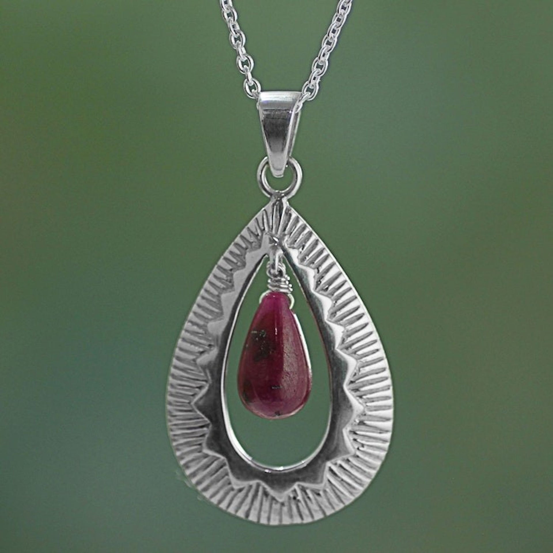 Handcrafted Silver Ruby Pendant Chain Necklace from India 'Ruby Grandeur'