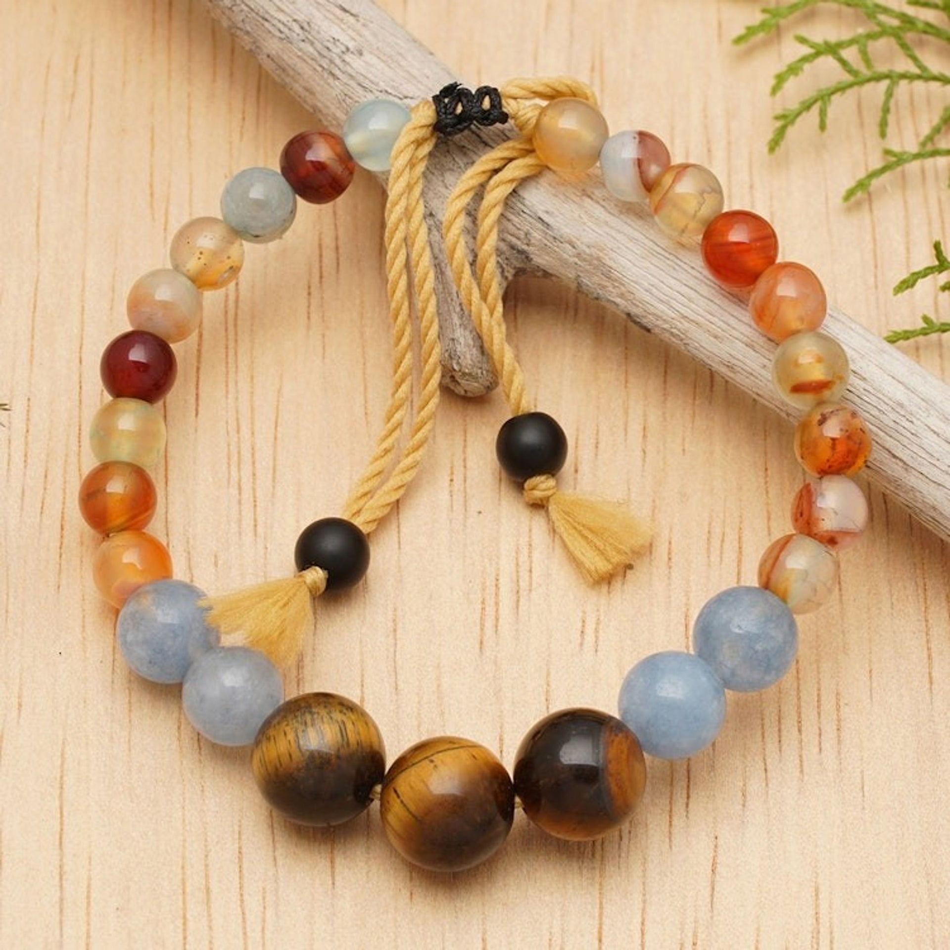 Adjustable Aquamarine and Tiger's Eye Bracelet Made in Bali 'Tranquil Soul'