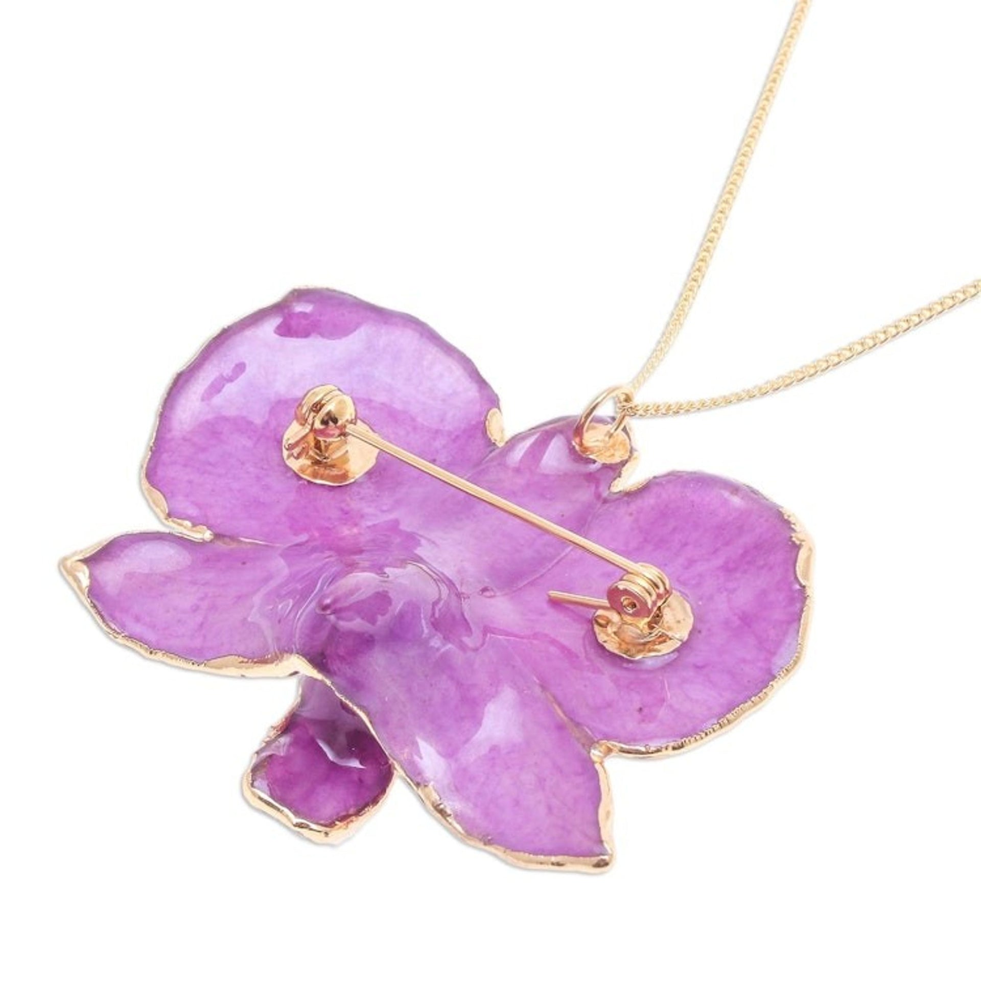 Gold-Plated Fuchsia Orchid Petal Pendant Necklace and Brooch 'Orchid Magic in Fuchsia'
