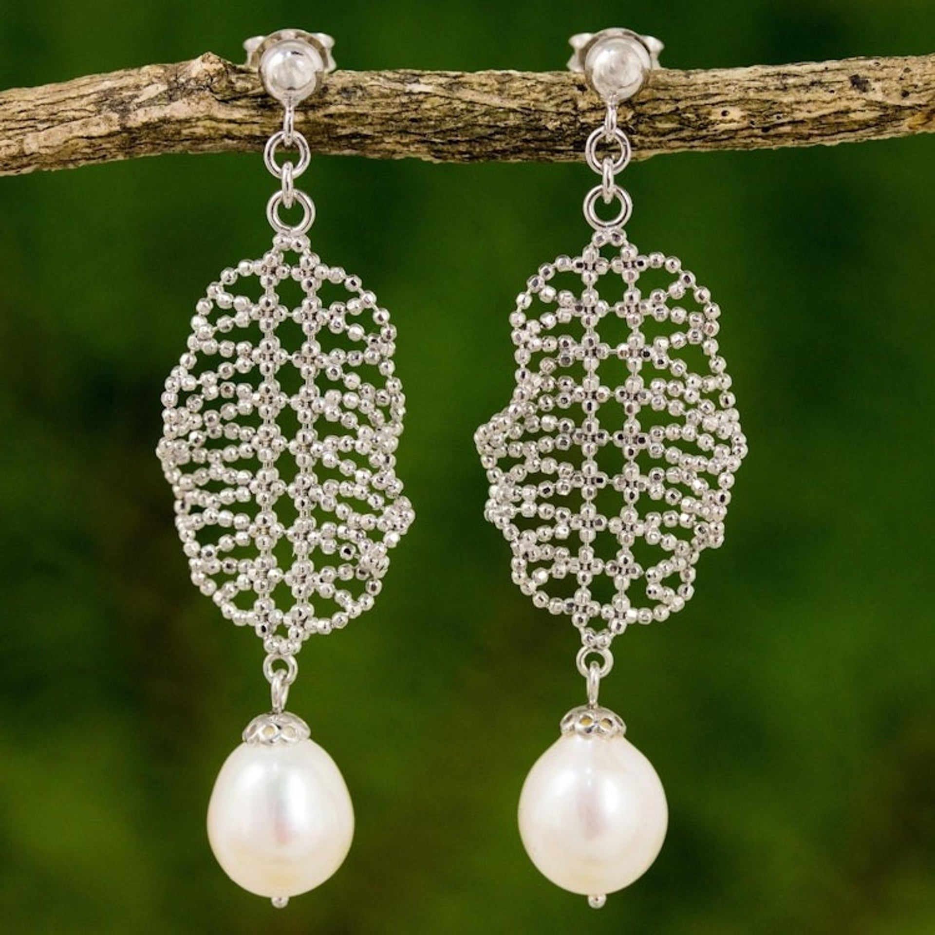 Cultured Pearl Chandelier Earrings Handcrafted in Thailand 'Webbed Chandeliers'