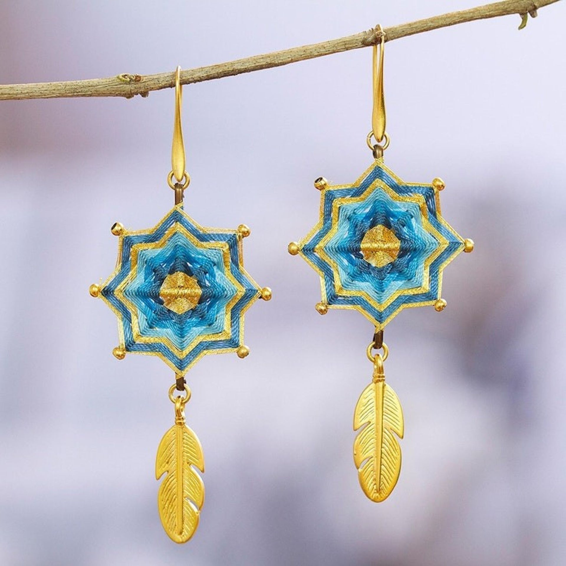 18k Gold-Plated Dangle Earrings with Handwoven Design 'Oneiric Plumage'