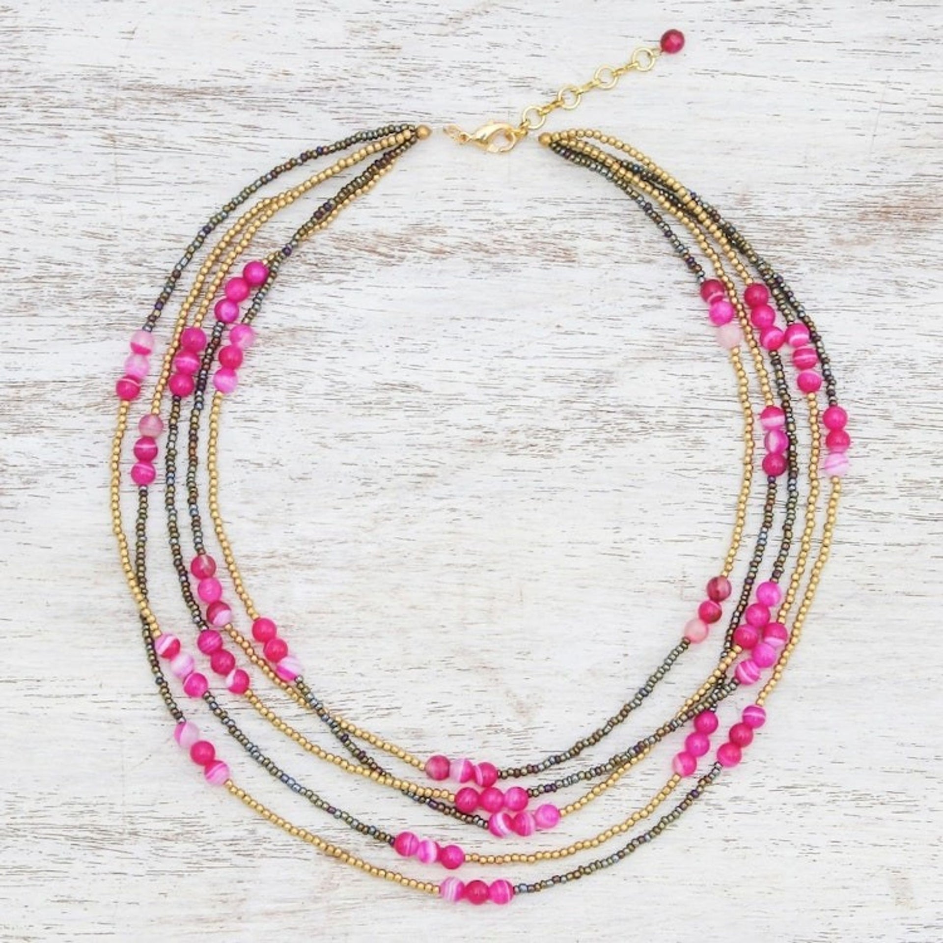 Pink Quartz and Agate Beaded Strand Necklace from Thailand 'Boho Elegance in Pink'
