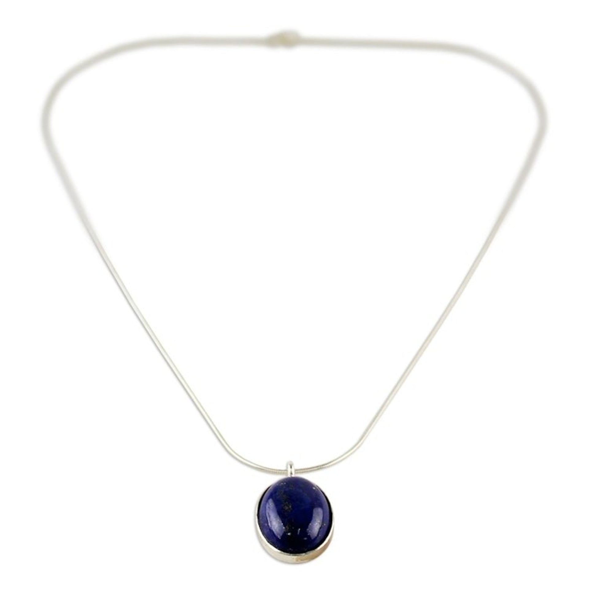 Sterling Silver and Lapis Lazuli Pendant Necklace Thailand 'Spangled Oval'