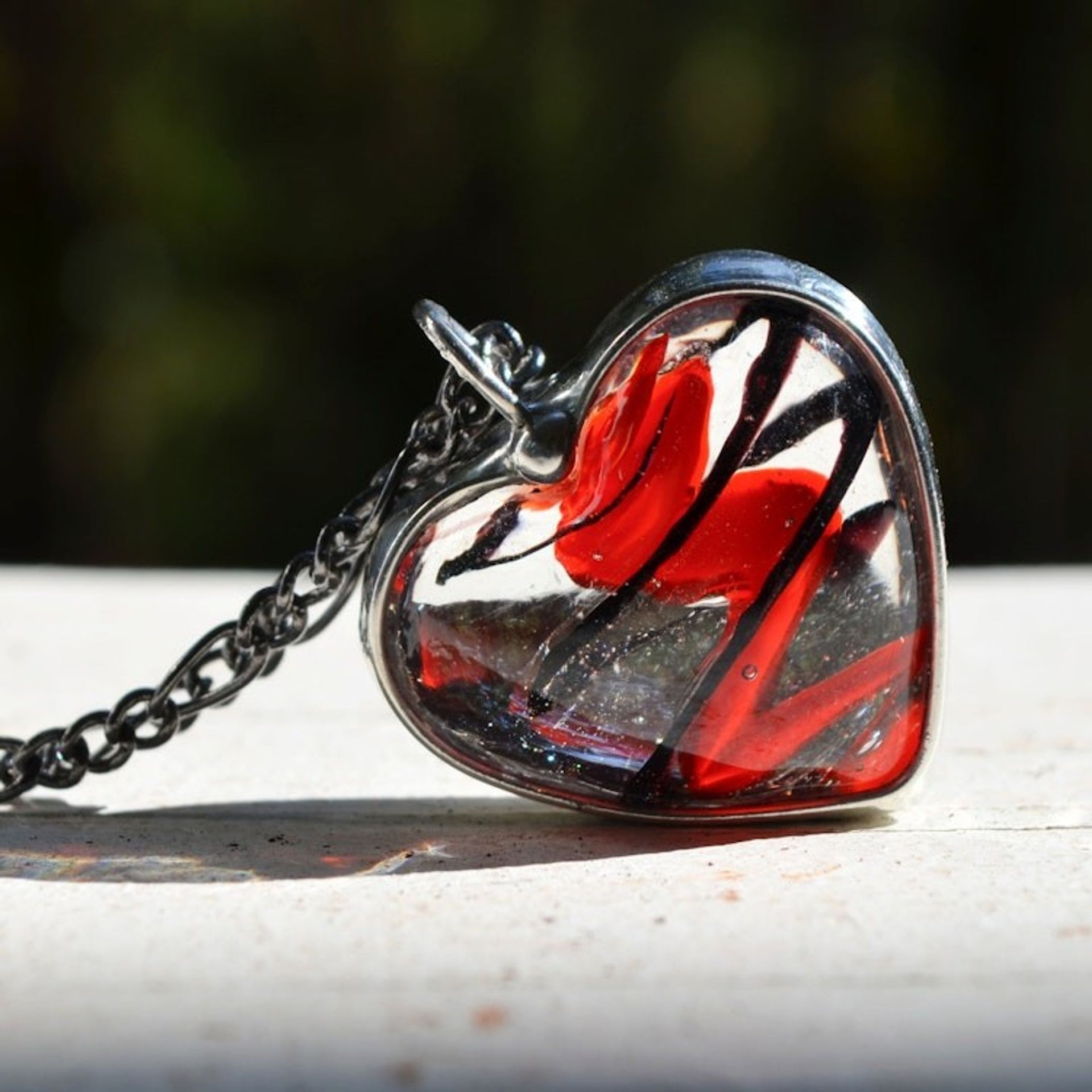 Swirled Fused Glass Heart Necklace, Red and Black Heart Pendant