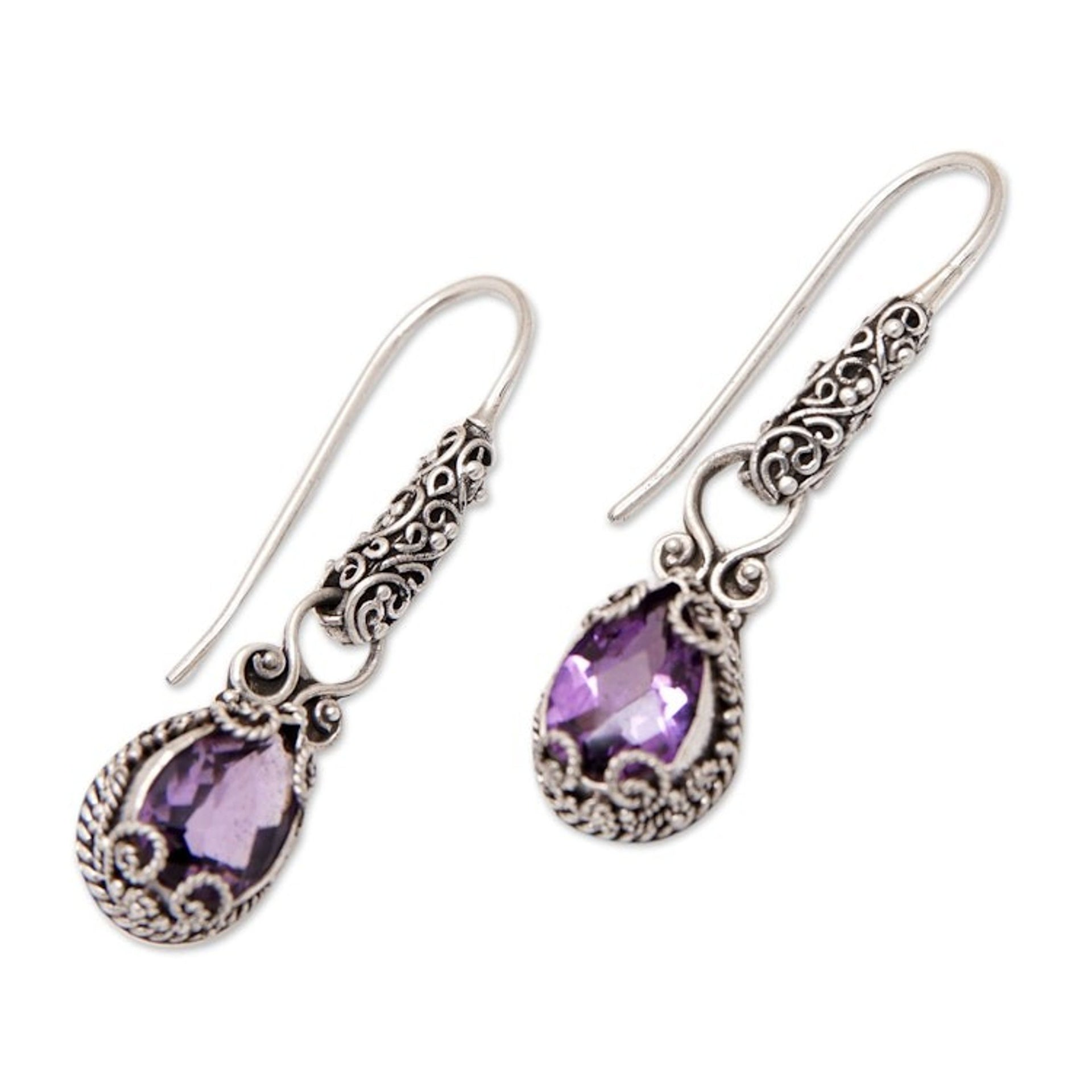 Amethyst Silver Dangle Earrings with Intricate Engravings 'Exquisite Purple'
