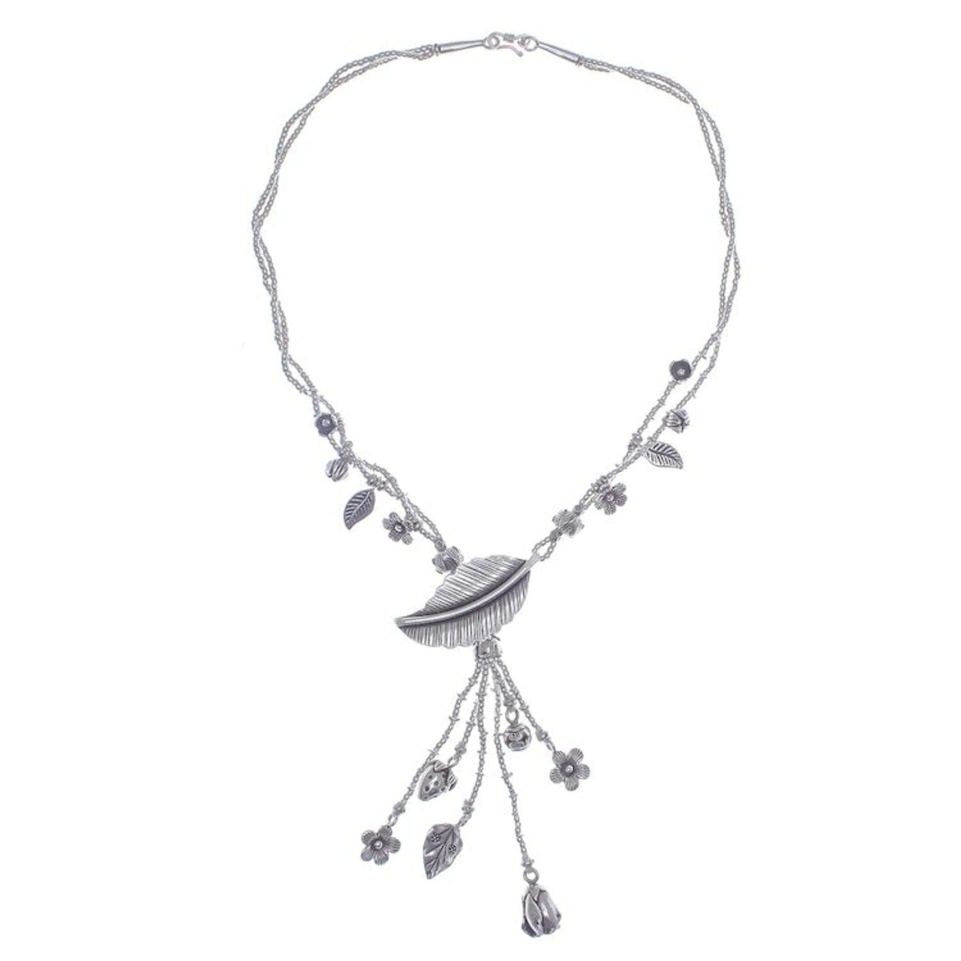 Thai Hill Tribe Style Nature-Themed 950 Silver Y-Necklace 'Natural Bounty'