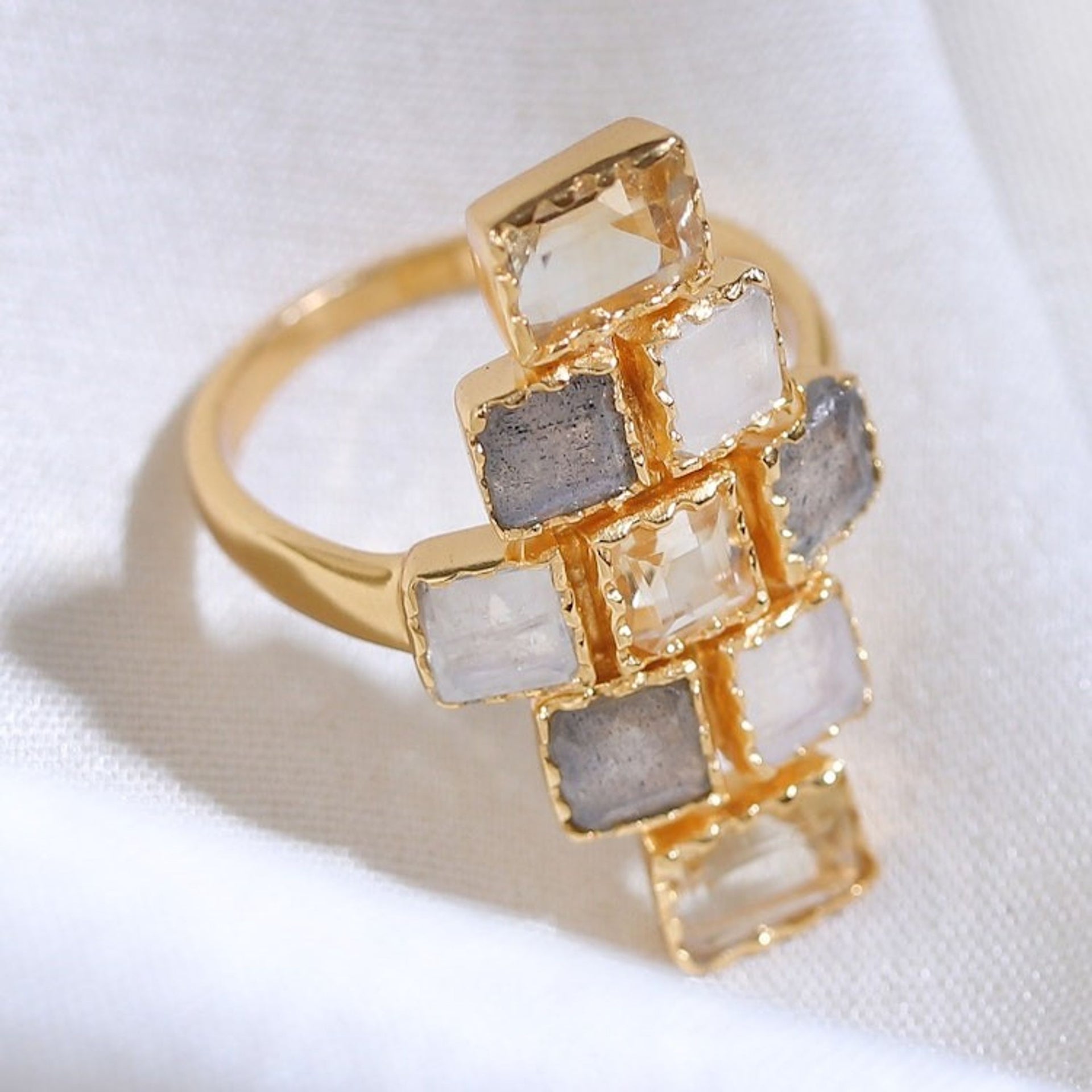 18k Gold-Plated Five-Carat Multi-Gemstone Cocktail Ring 'Glorious Mosaics'