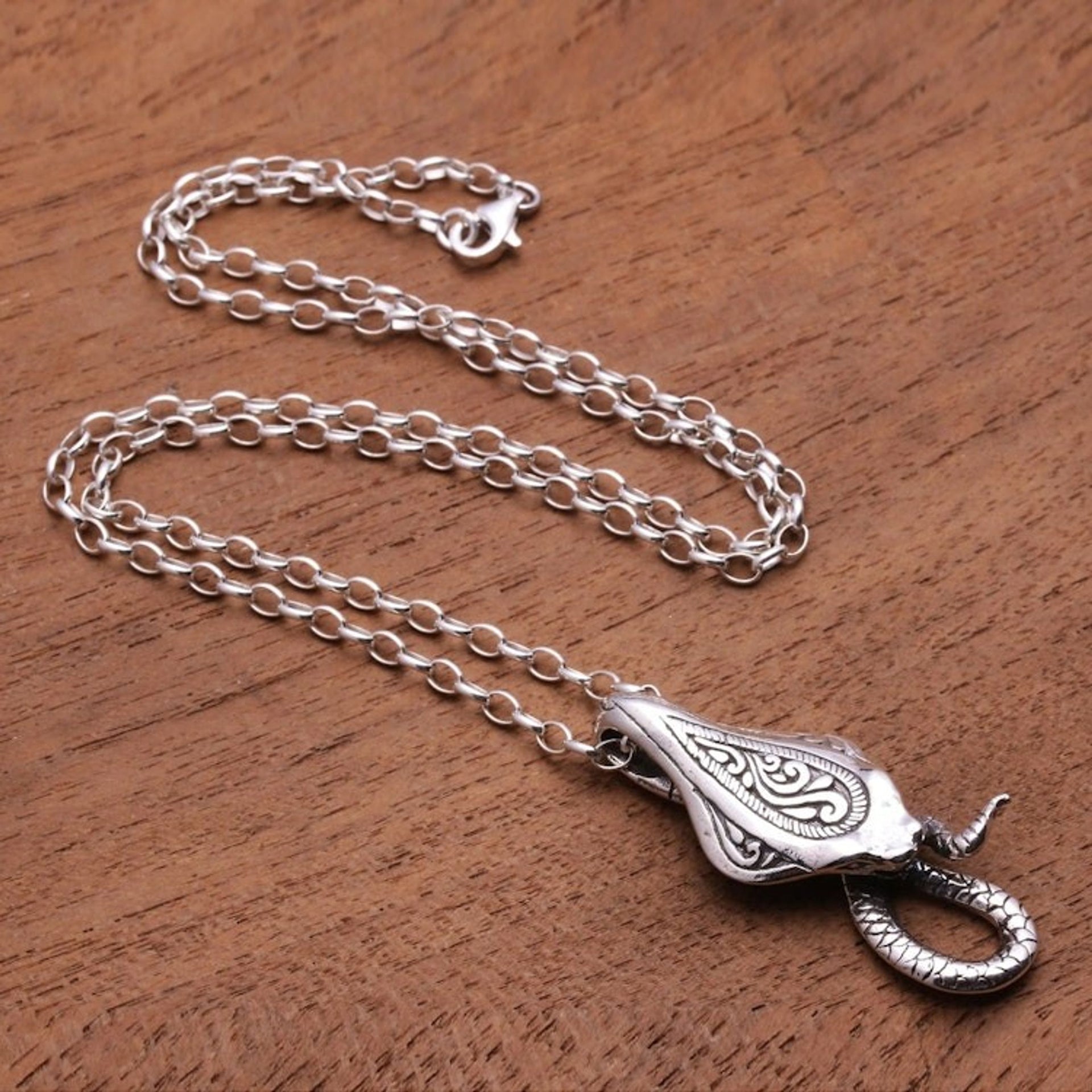 Men's Sterling Silver Cobra Snake Pendant Necklace from Bali 'Mighty Cobra'