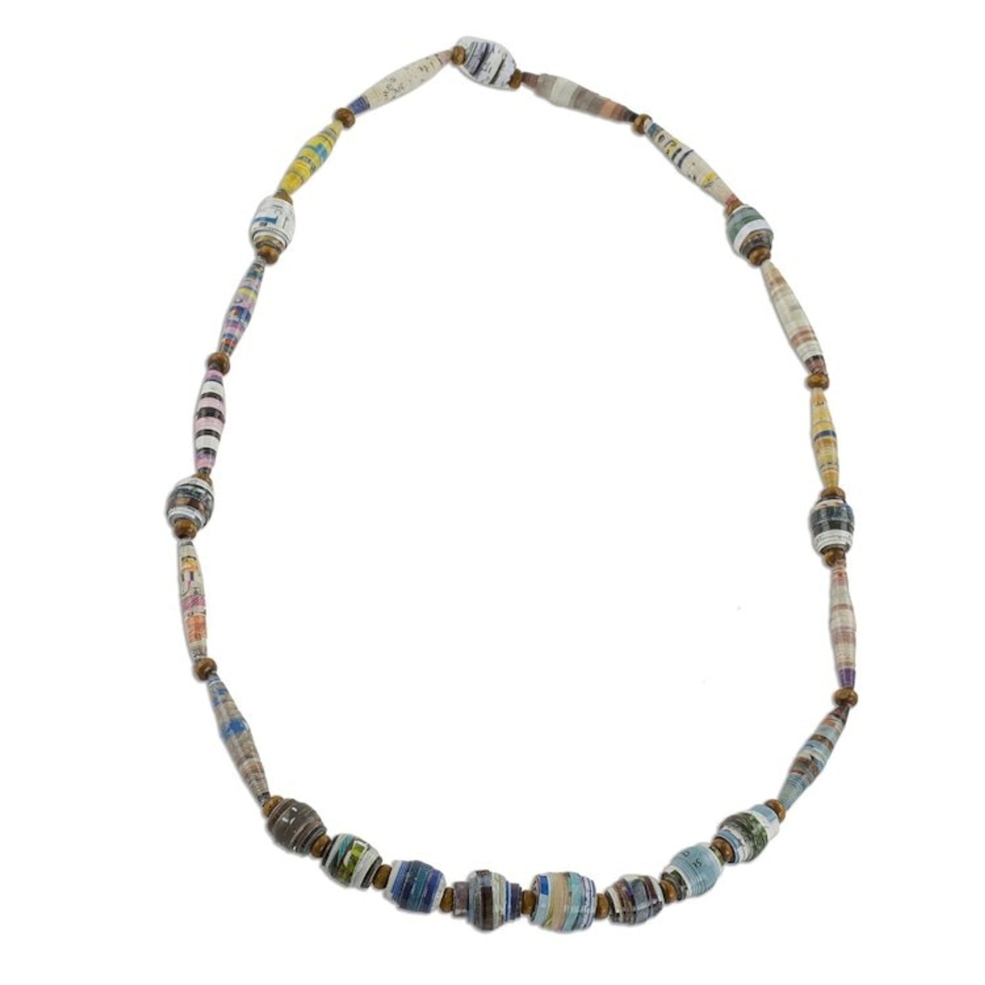 Handcrafted Multicolor Recycled Paper Bead Long Necklace 'New Spin'