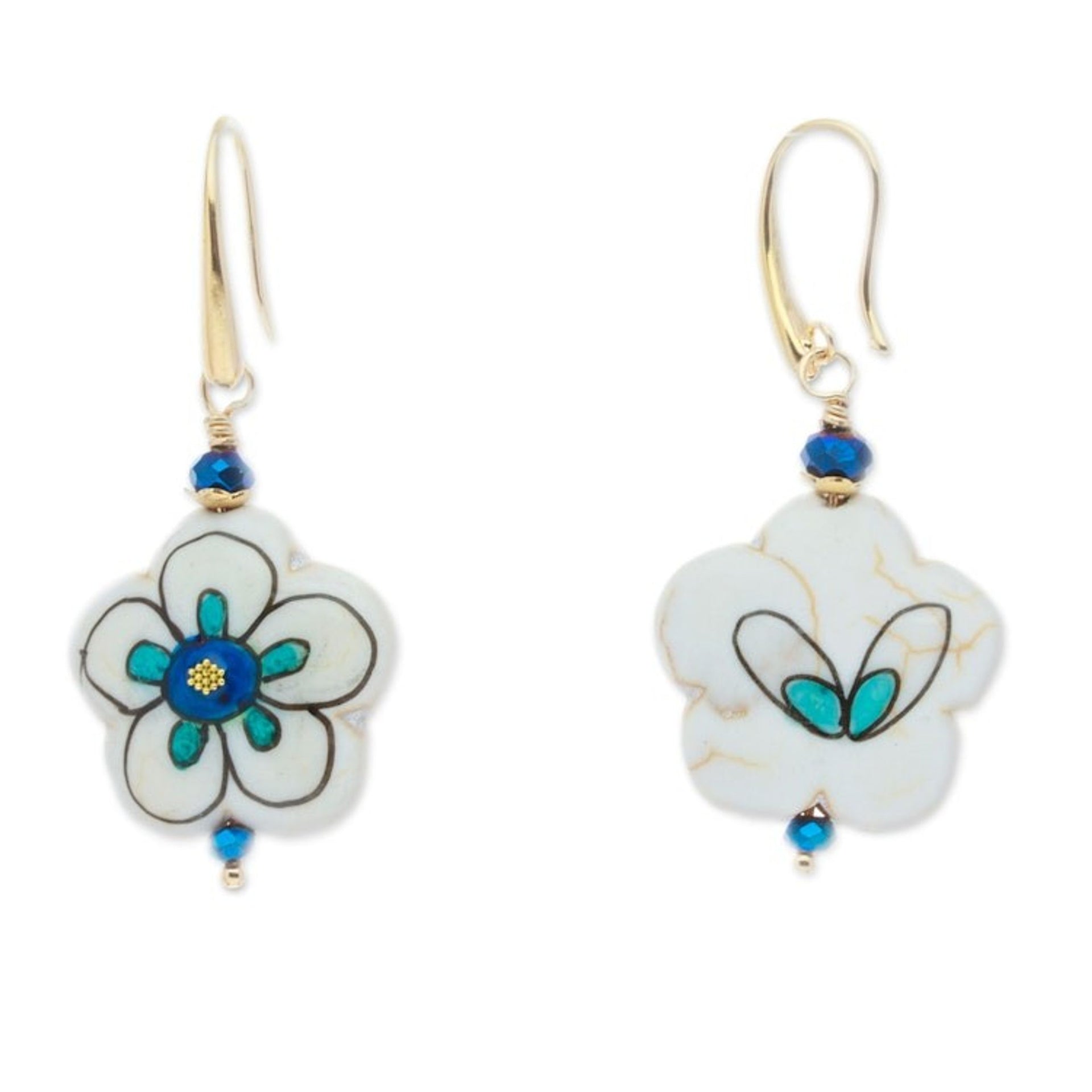 Gold-Accented Floral Howlite Dangle Earrings in Blue Hues 'Imagination Bloom'
