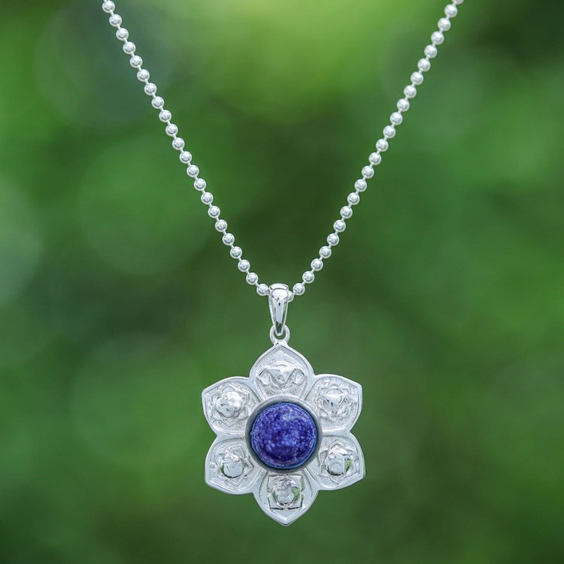 Lapis Lazuli and Sterling Silver Floral Necklace 'Chakra Regal Spirit'