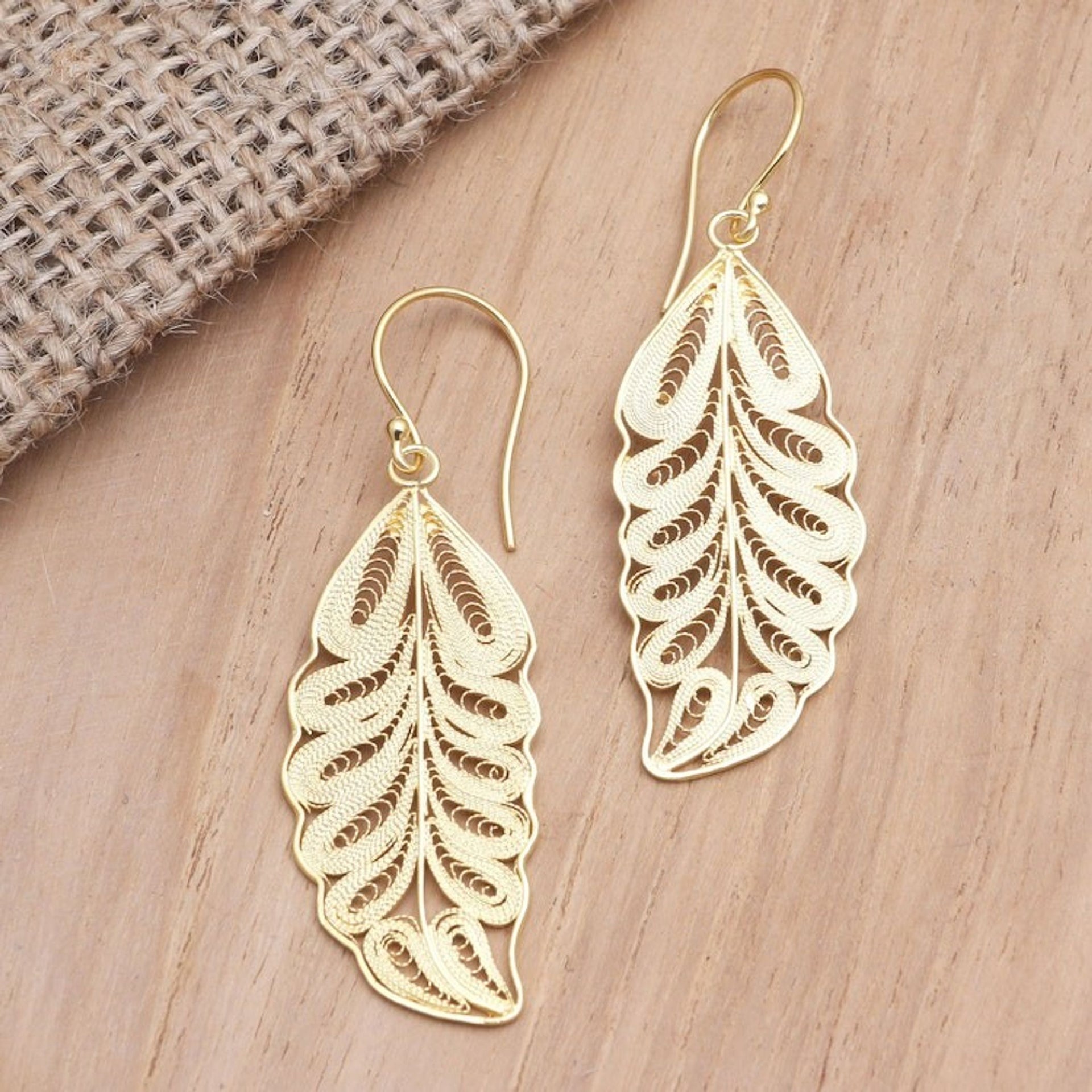 Gold-Plated Leaf Motif Dangle Earrings 'Forest Life'