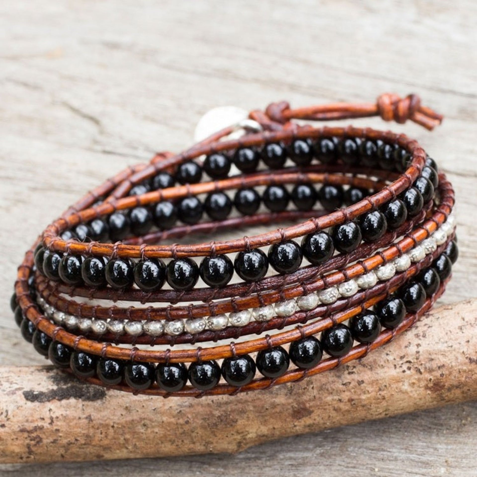 Onyx Beads on Brown Leather Wrap Bracelet from Thailand 'Hill Tribe Boheme'