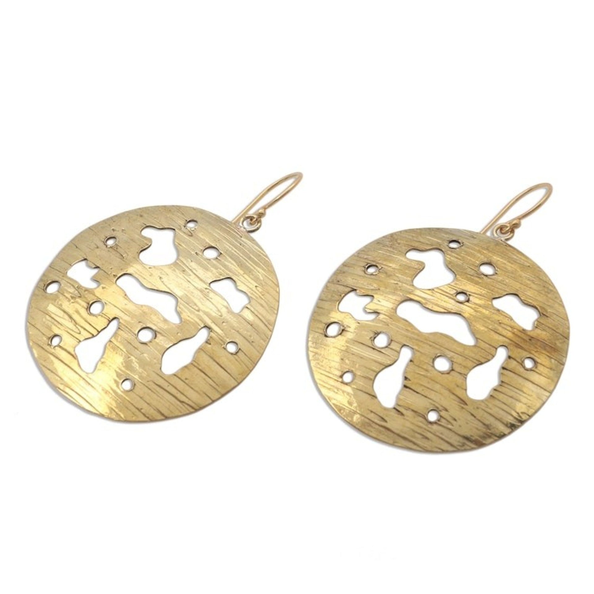 Circular Abstract Brass Dangle Earrings from Bali 'Abstract Suns'