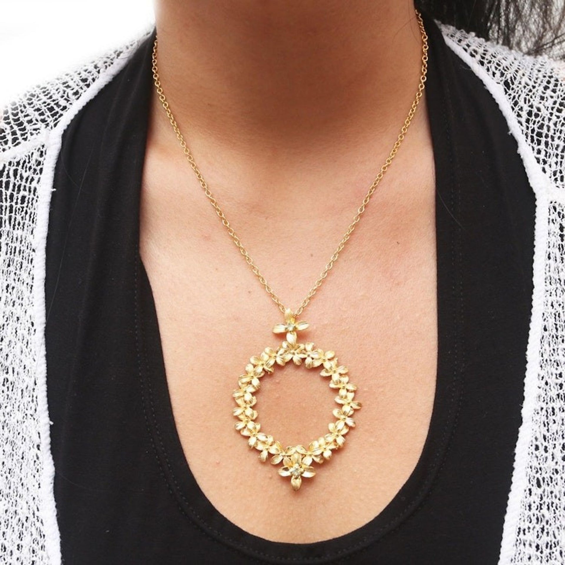 Gold-Plated Peridot Floral-Motif Pendant Necklace 'Wreathed in Flowers'