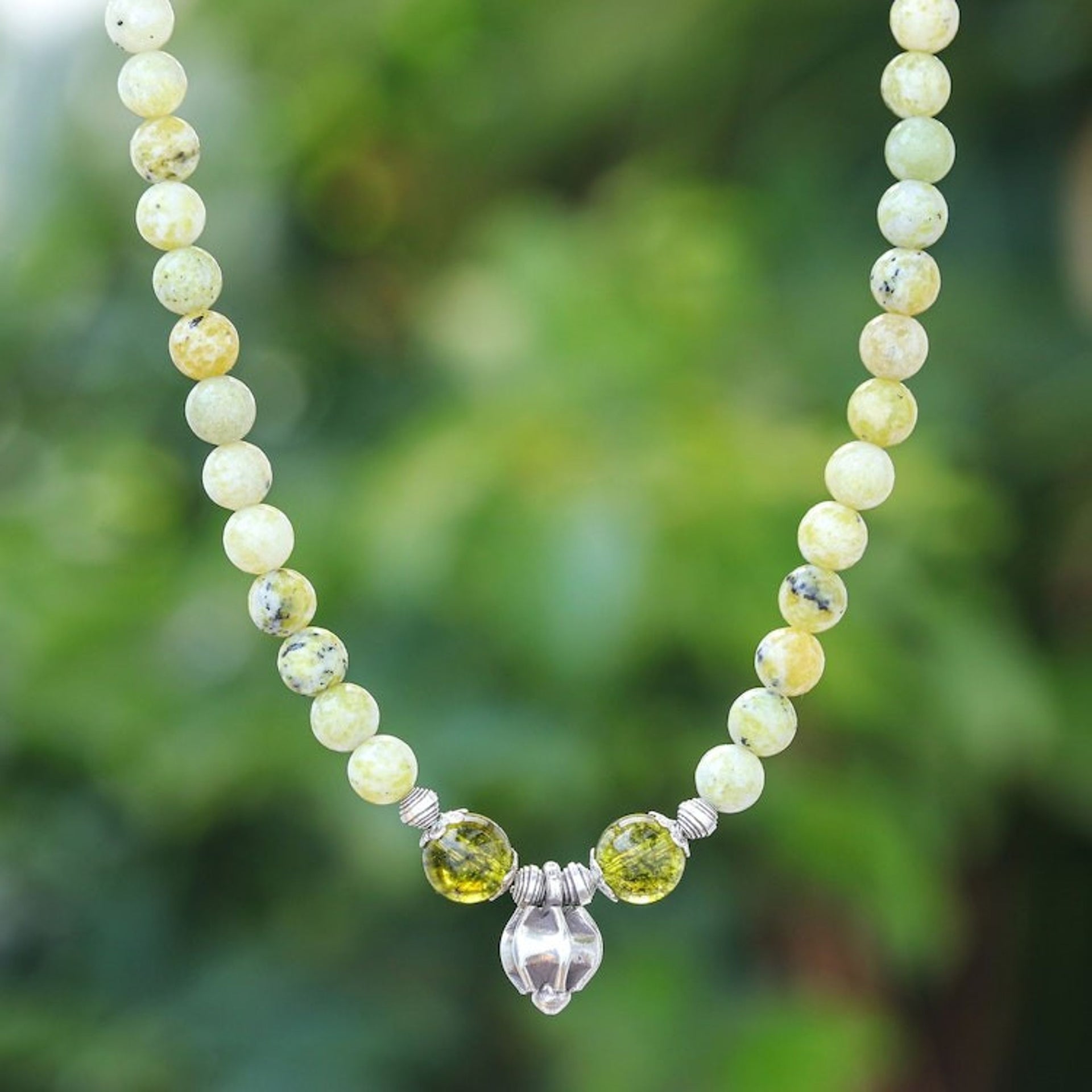 Beaded Serpentine Necklace with 950 Silver 'Dewy Morning'