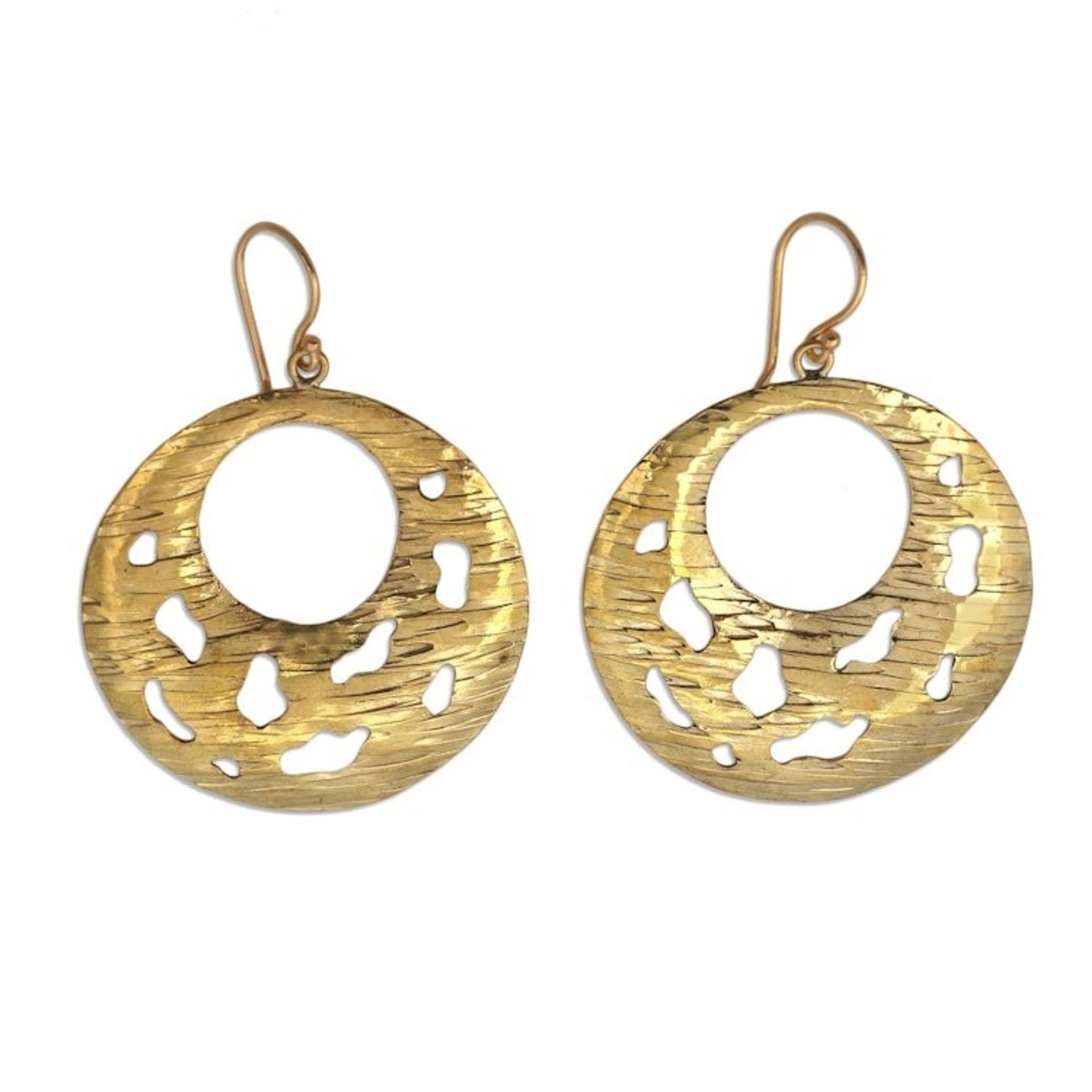 Round Abstract Motif Brass Dangle Earrings from Bali 'Bali Crescents'