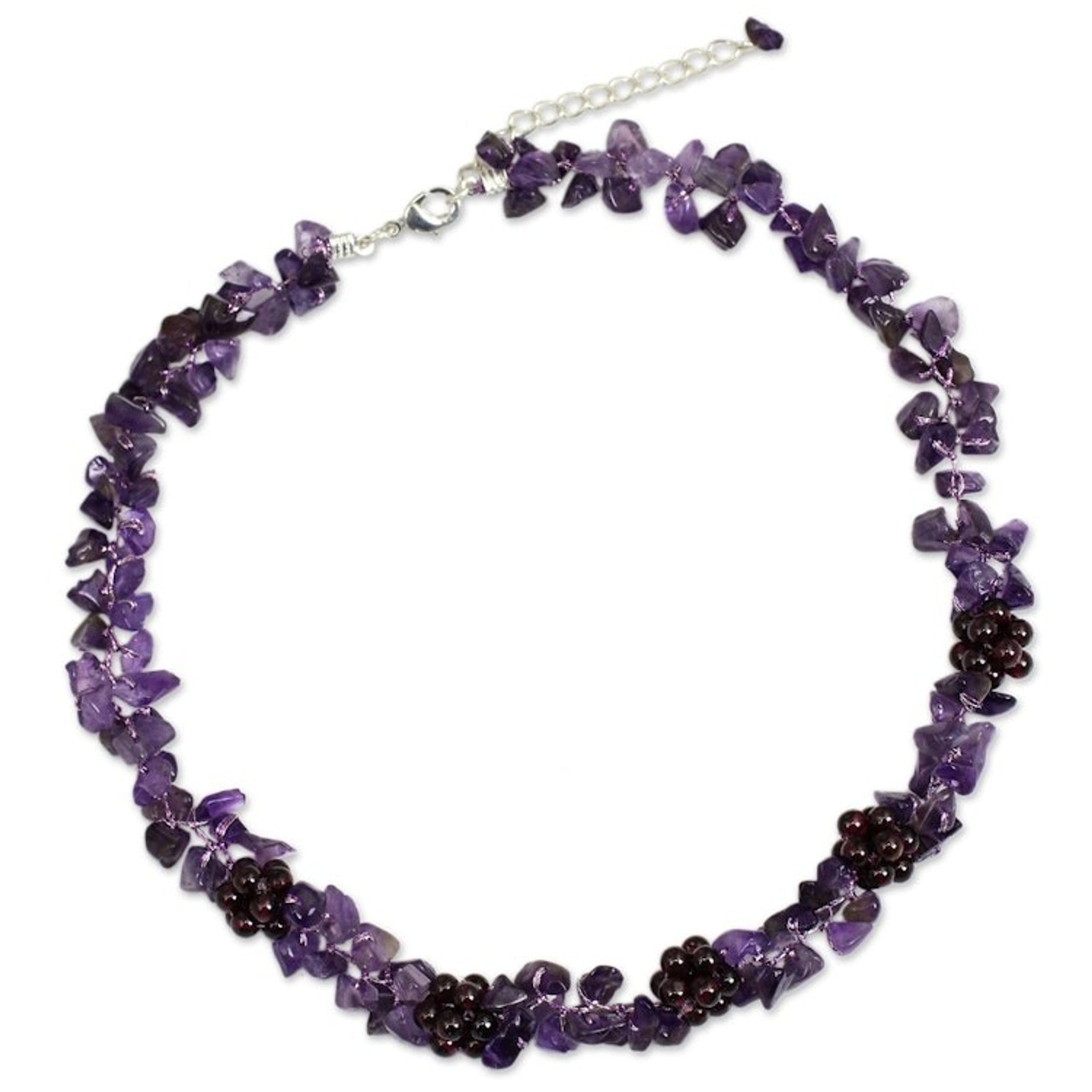Thai Handmade Amethyst Necklace with Garnet Clusters 'Heaven's Gift'