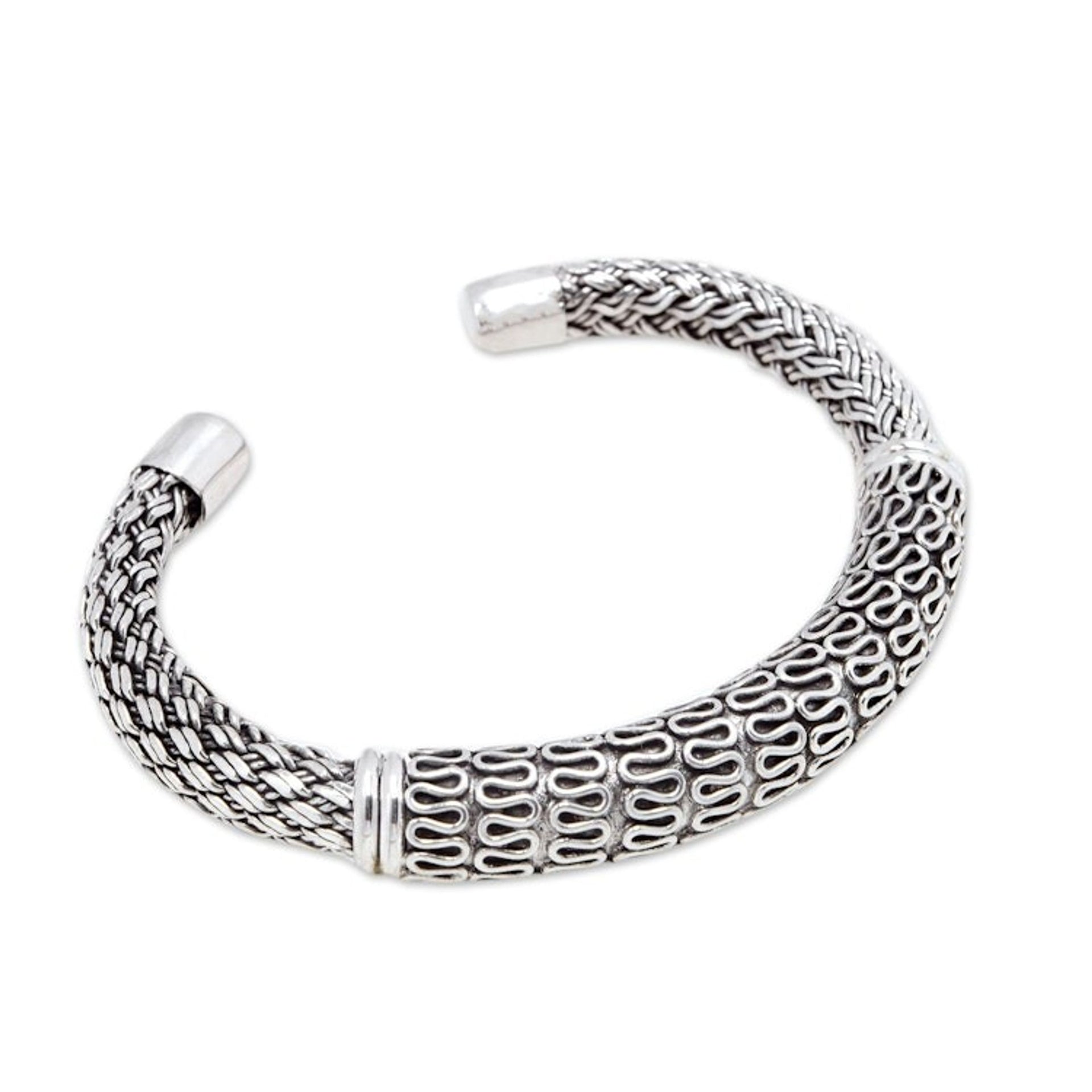 Polished Sterling Silver Cuff Bracelet from Bali 'Traditional Braid'
