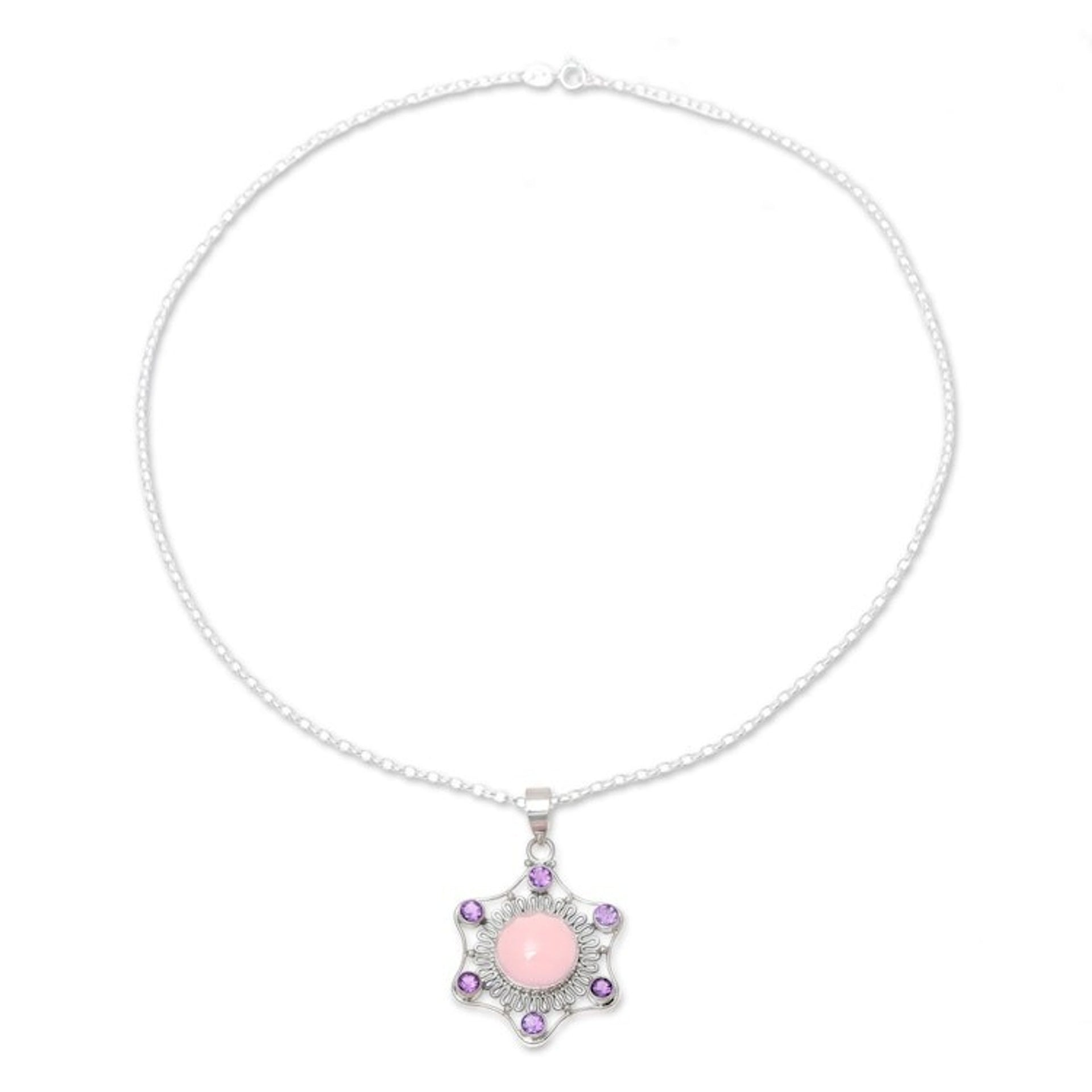 Pink Chalcedony and Amethyst Pendant Necklace from India 'Charismatic Beauty'