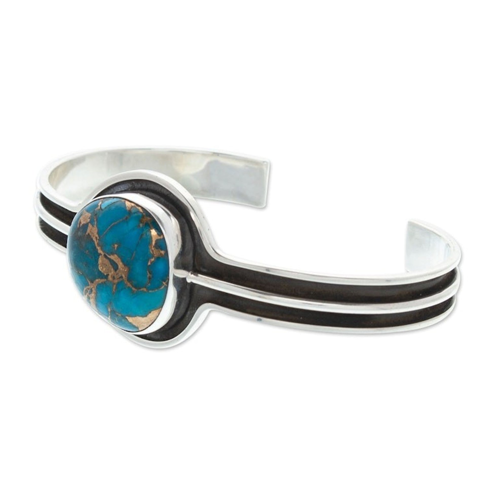 Modern Sterling Silver Cuff Bracelet with Recon Turquoise 'Lagoon Portal'