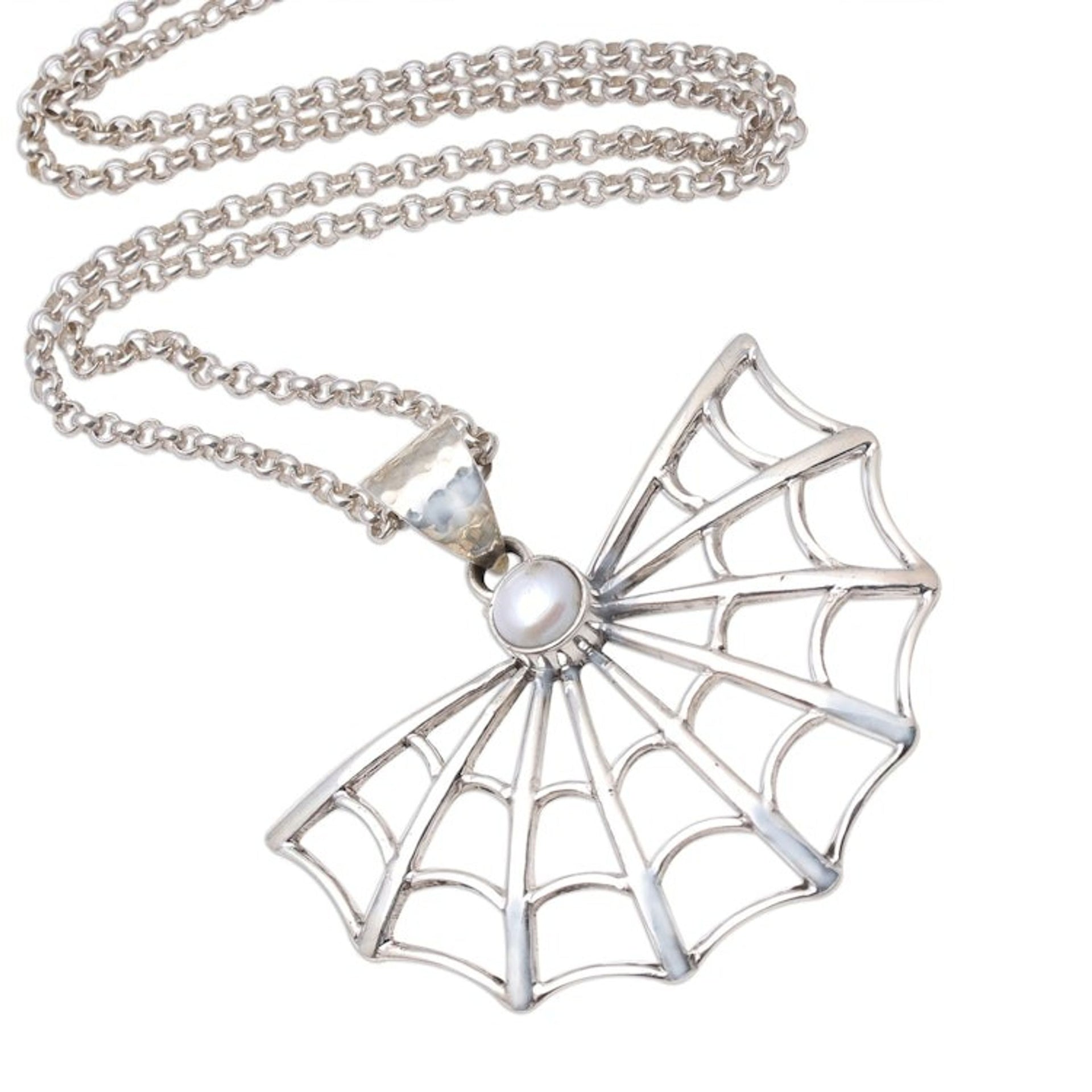 Cultured Pearl Spider Web Pendant Necklace from Bali 'Glowing Web'