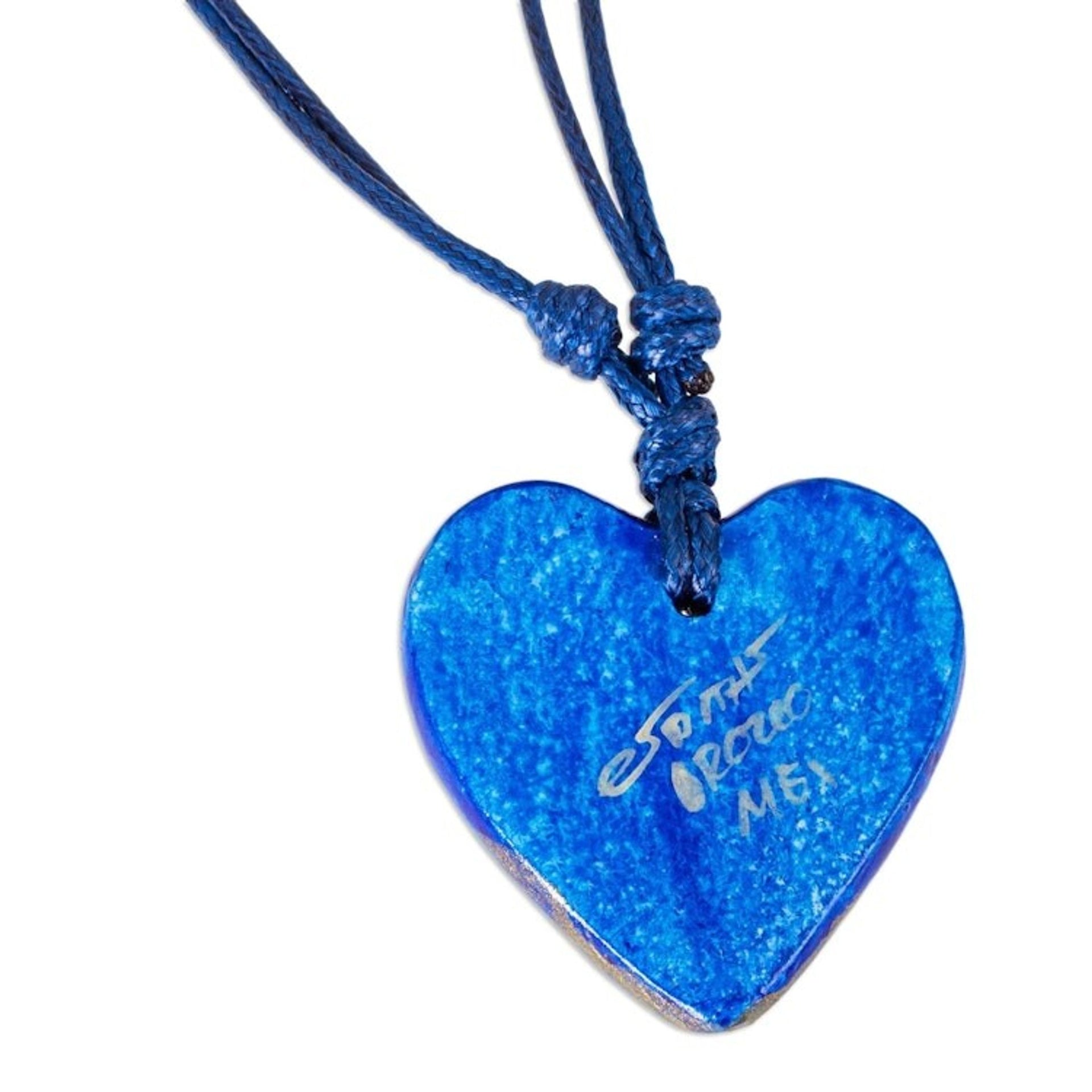 Papier Mache Blue Heart Necklace with Golden Accents 'Sea Winds'
