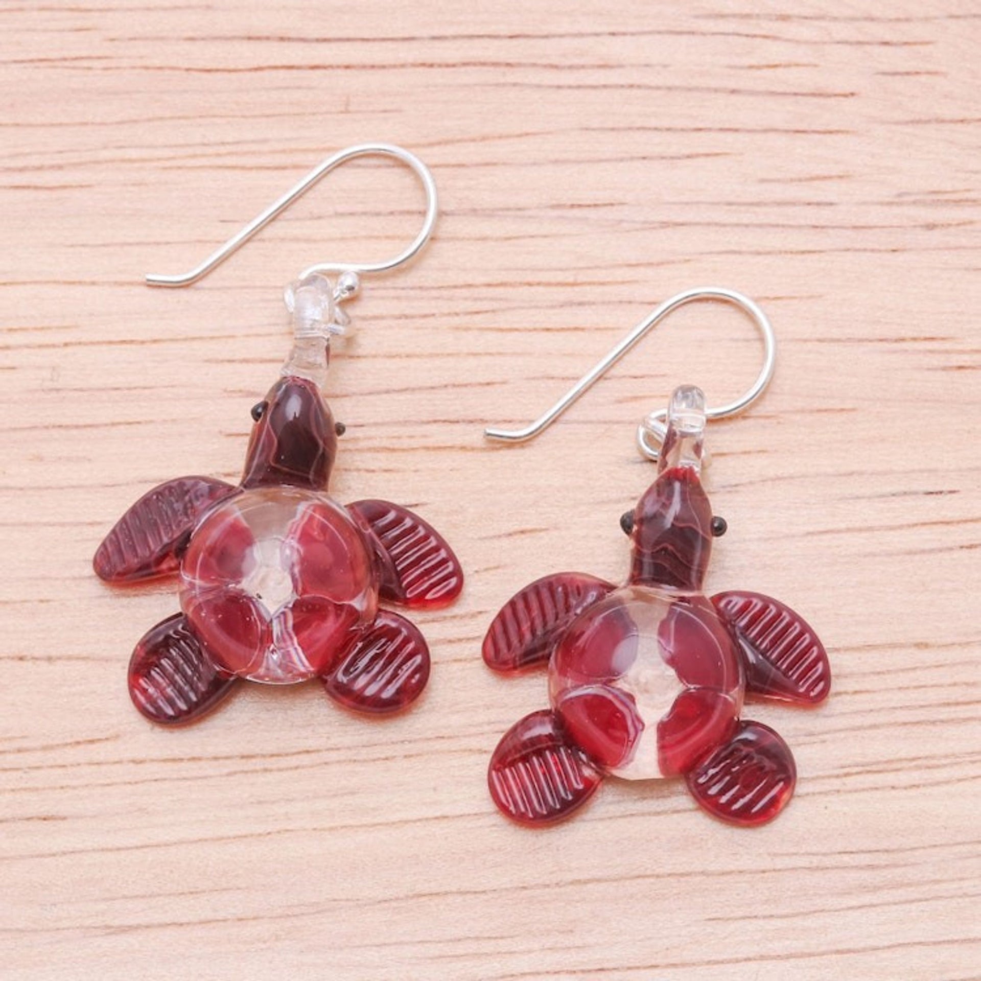 Handblown Red Glass Turtle Dangle Earrings from Thailand 'Turtle Passion'