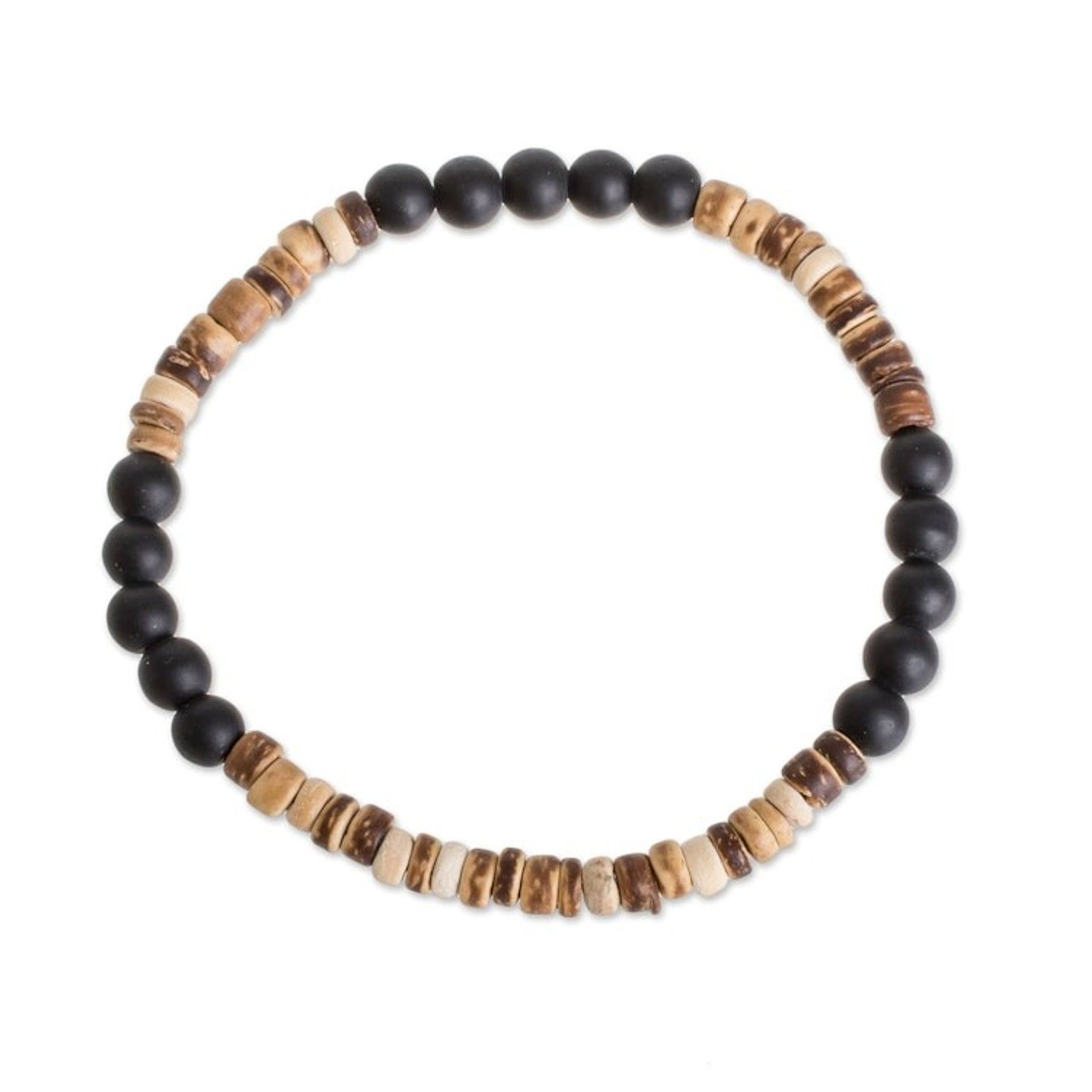Onyx and Coconut Shell Beaded Stretch Bracelet 'Earthen Force'