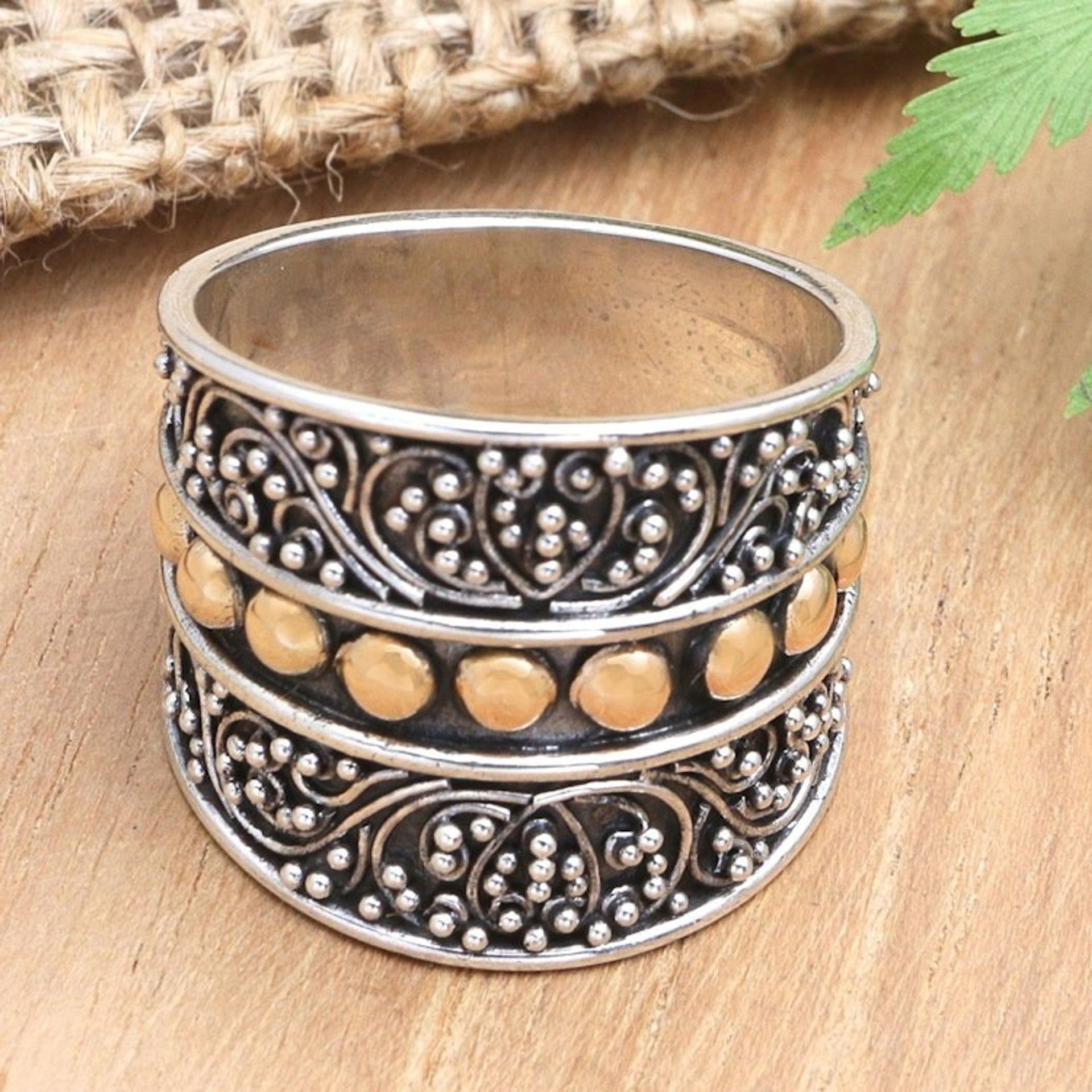 18k Gold-Accented Domed Ring with Traditional Motifs 'Golden Signs'