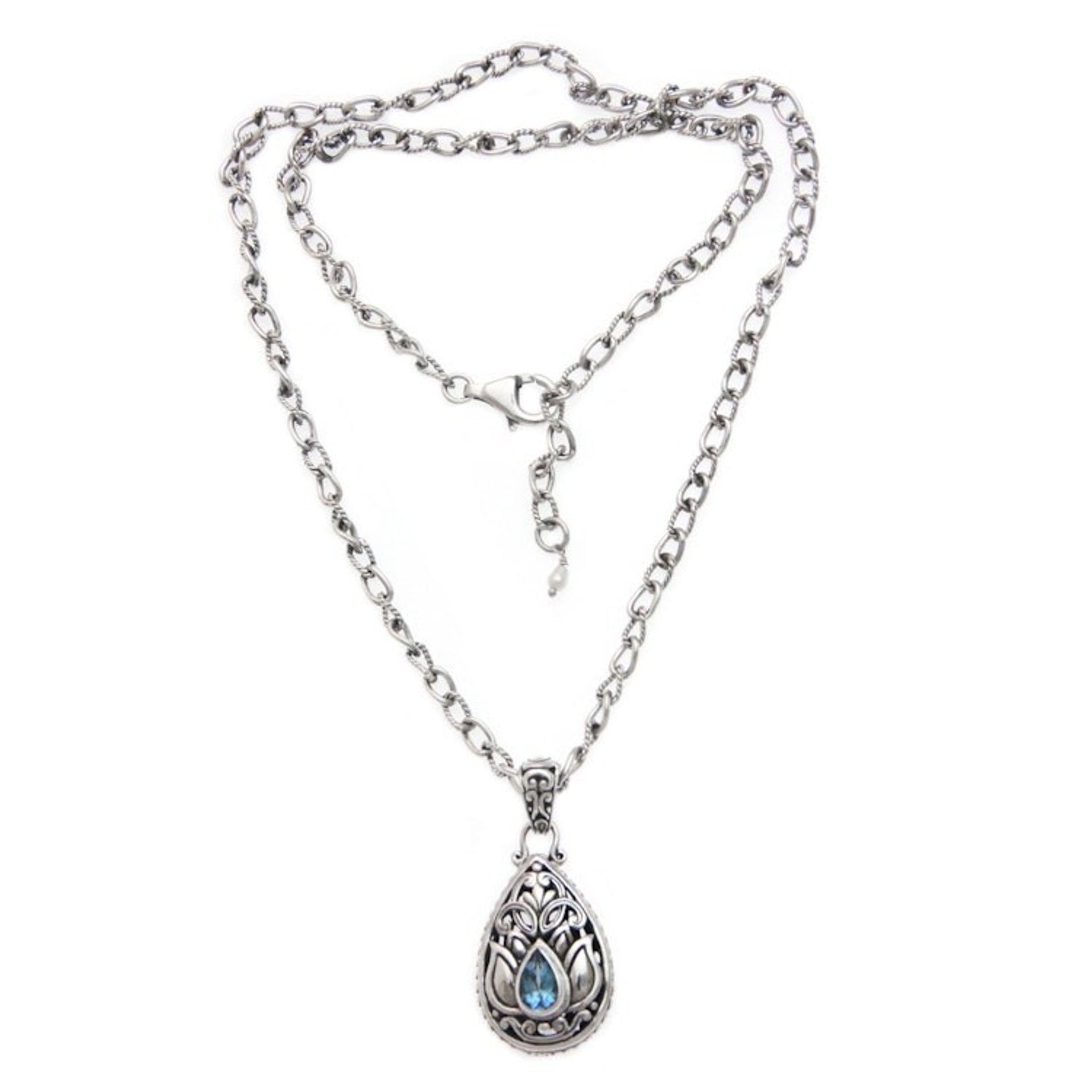 Artisan Crafted Floral Silver Necklace with Blue Topaz 'Padma Lotus'