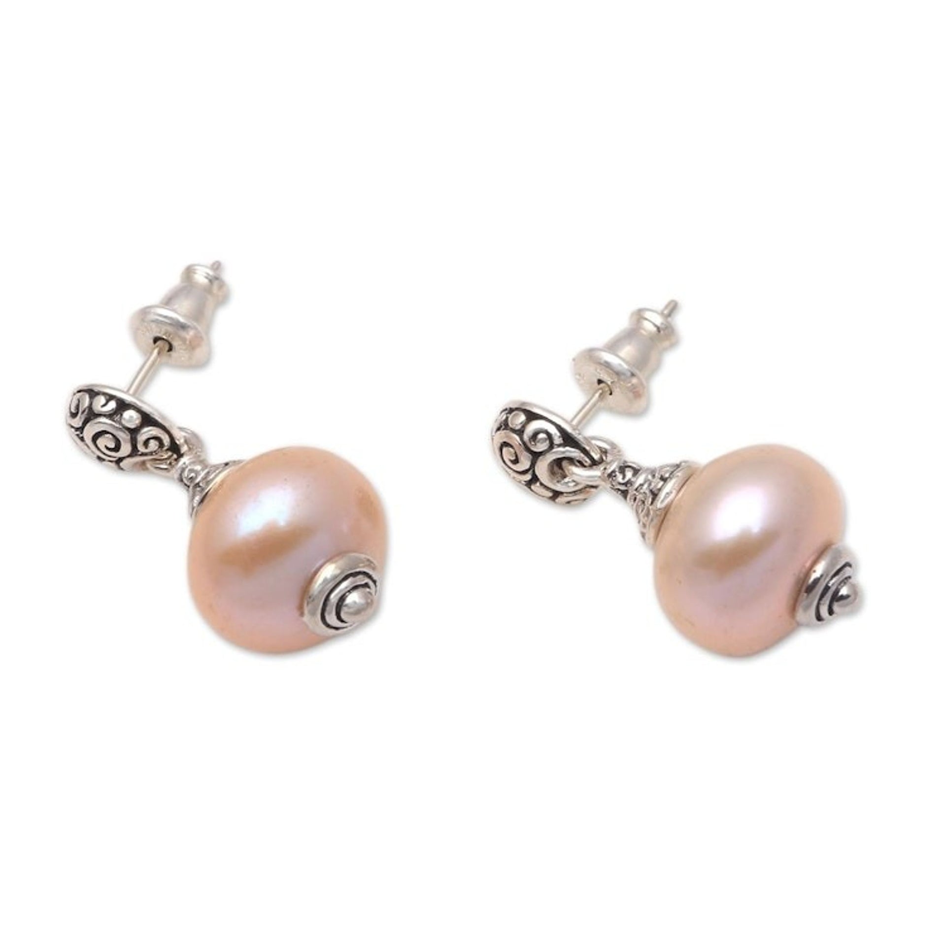 Pink Cultured Pearl Dangle Earrings from Bali 'Pink Buddha's Curls'