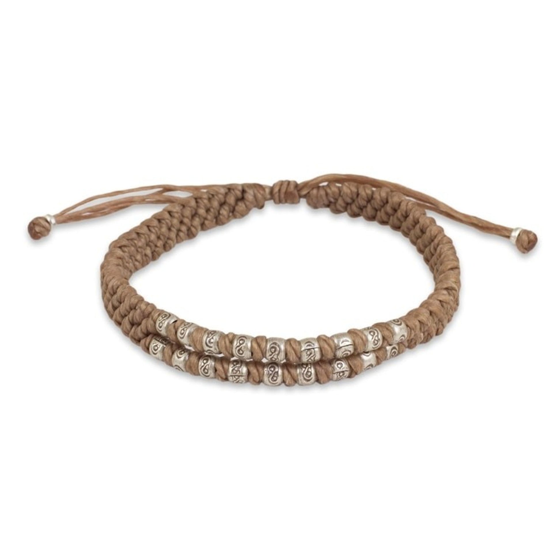 Hill Tribe Silver on a Thai Hand Knotted Wristband Bracelet 'Khaki Infinity Twins'