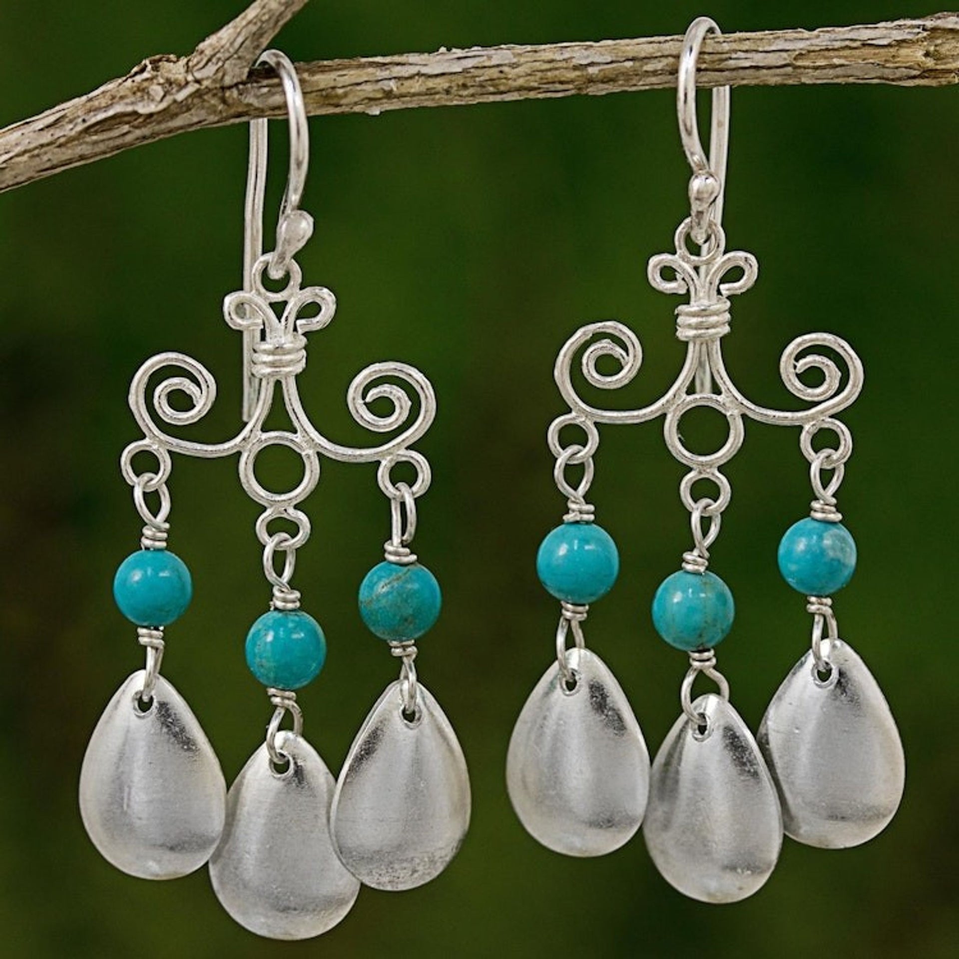 Sterling Silver Calcite Chandelier Earrings from Thailand 'Blue-Green Sky'