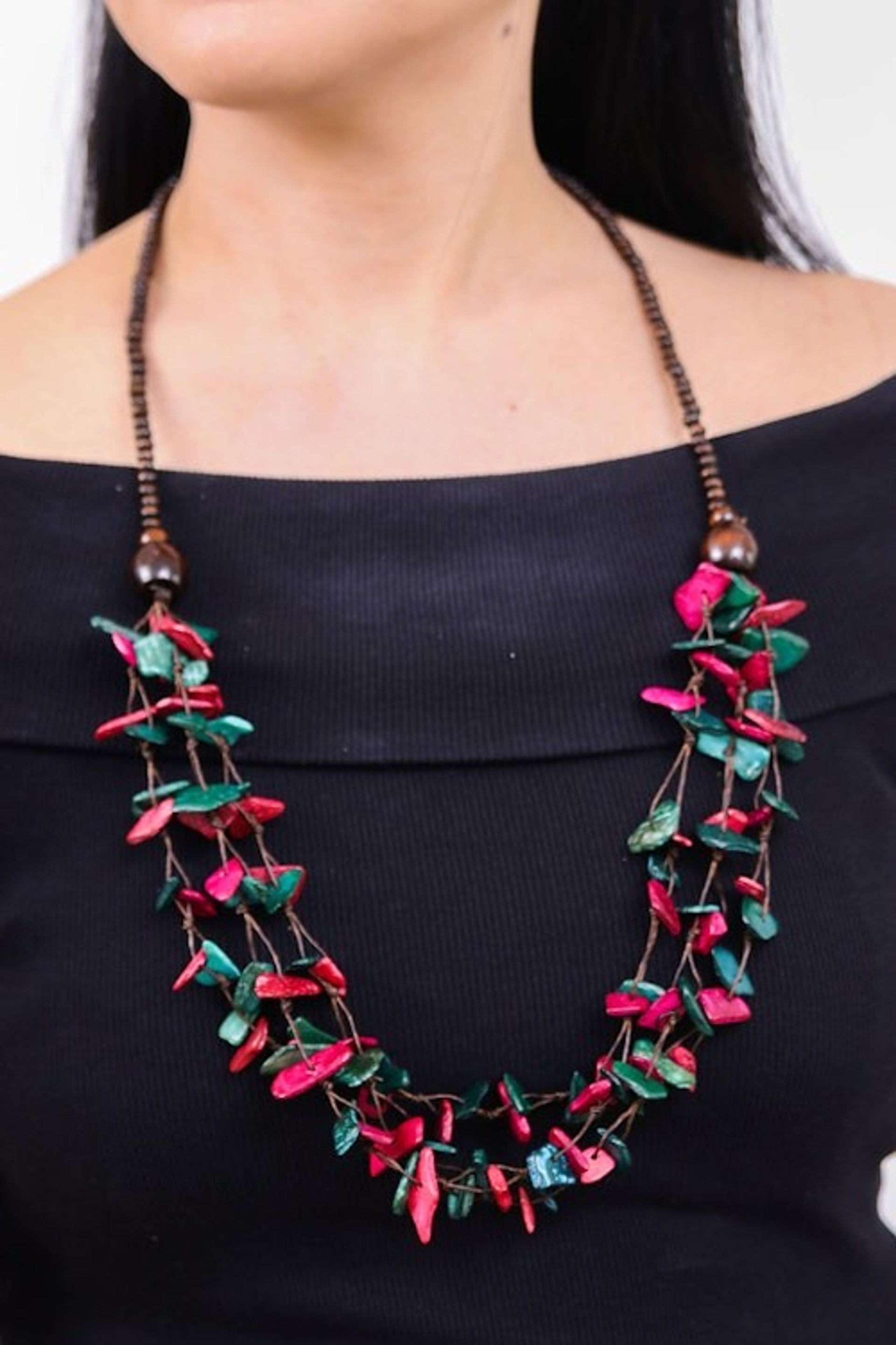 Painted Turquoise and Fuchsia Beaded Three-Strand Necklace 'Fragments of Fantasy'