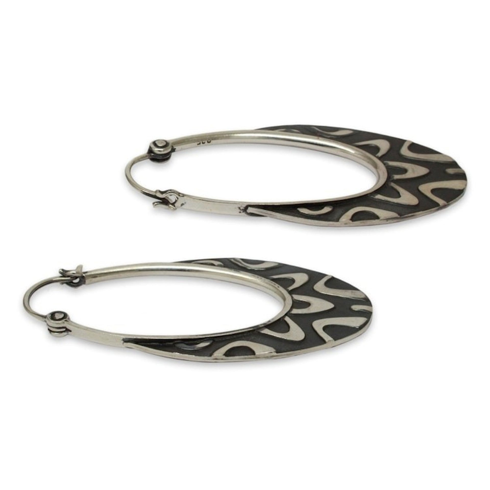 Artisan Crafted Taxco Silver Hoop Earrings from Mexico 'Antique Taxco Lace'